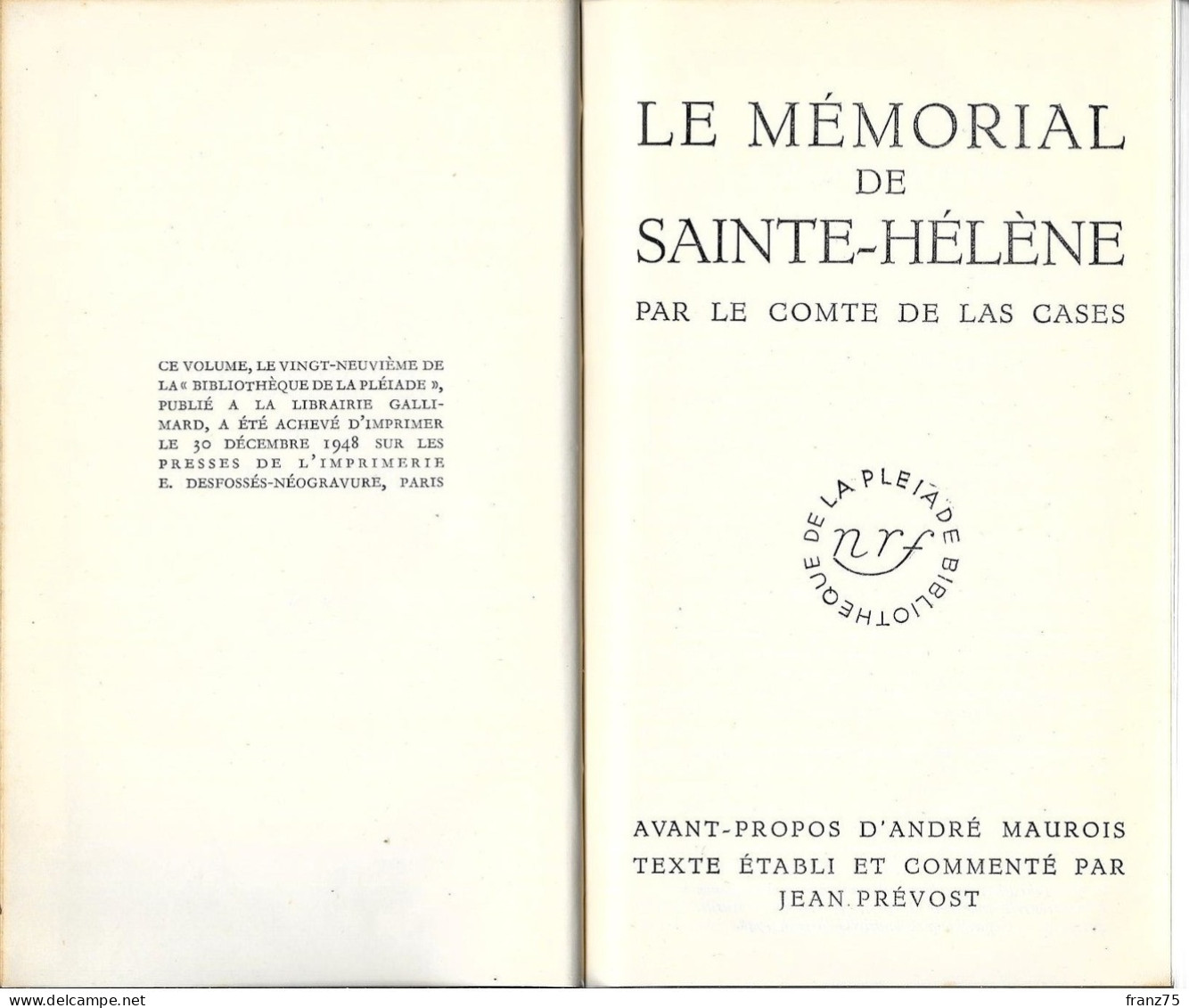 Mémorial De Ste Hélène-Comte De Las Cases-2 Tomes Gallimard 1948--BE - La Pléiade