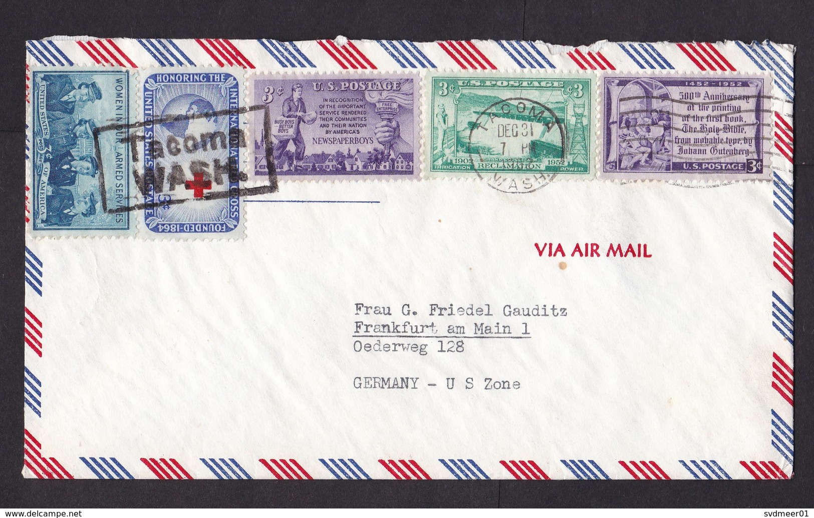 USA: Airmail Cover To Germany, 1952, 5 Stamps, Box Aid Cancel Tacoma Wash (minor Damage) - Brieven En Documenten