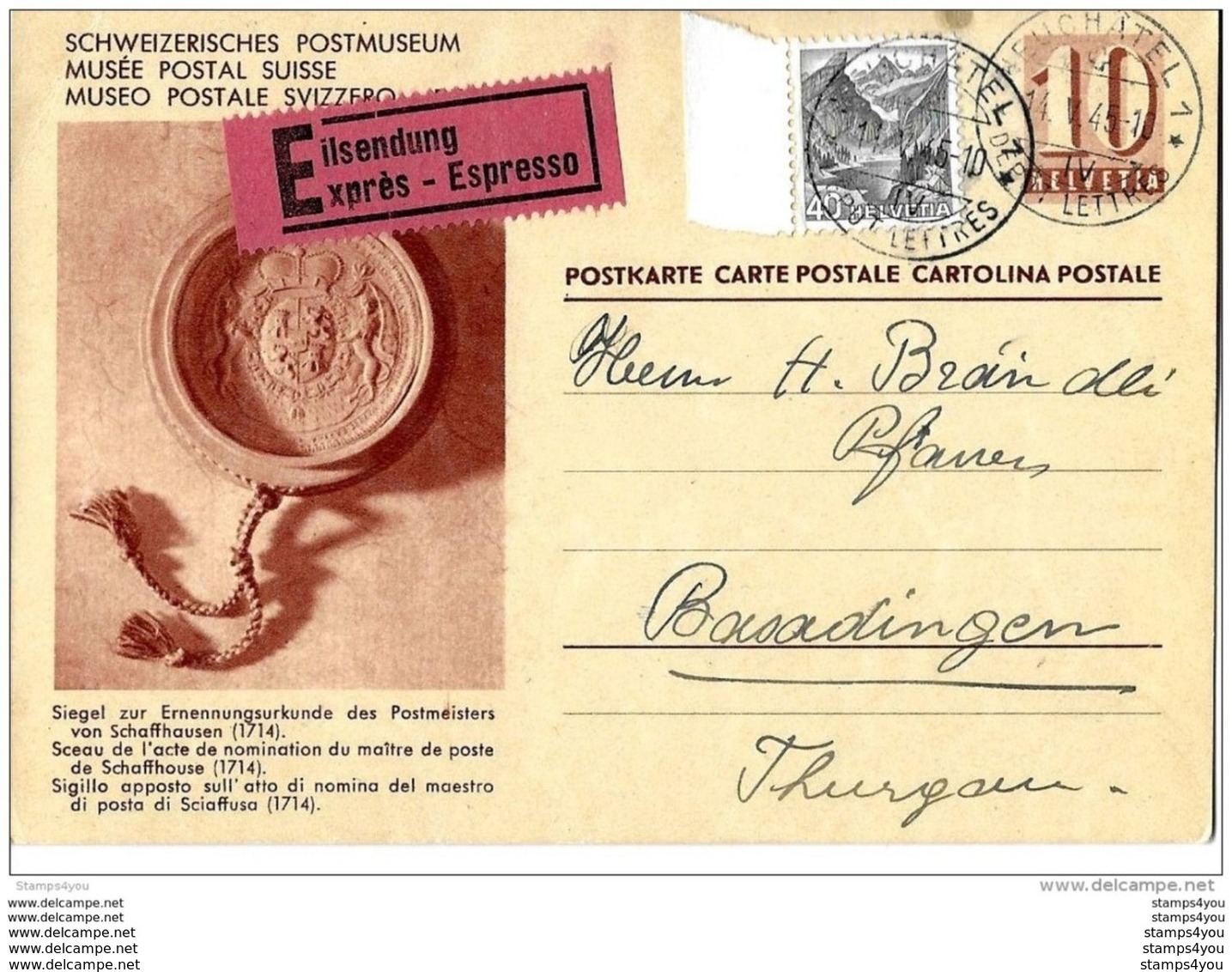III63 - Entier Postal Avec Illustration "Musée Postal" - Expèrs Avec Affranchissement Complémentaire 1945 - Stamped Stationery