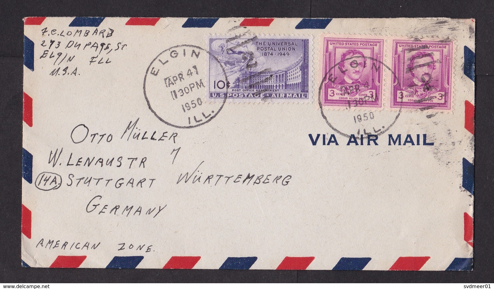 USA: Airmail Cover To Germany, 1950, 3 Stamps, Edgar Alla Poe, Postal Union, Cancel Elgin Ill (minor Damage) - Brieven En Documenten