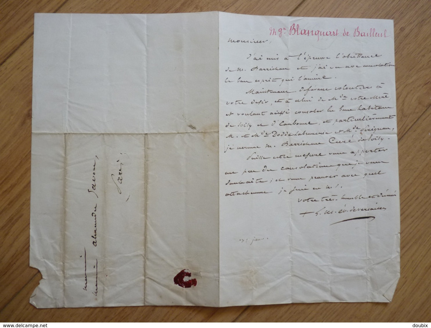 BLANQUART De BAILLEUL (1795-1868) Evêque VERSAILLES [ SOISY Sous Montmorency ] Archevêque ROUEN. AUTOGRAPHE - Other & Unclassified