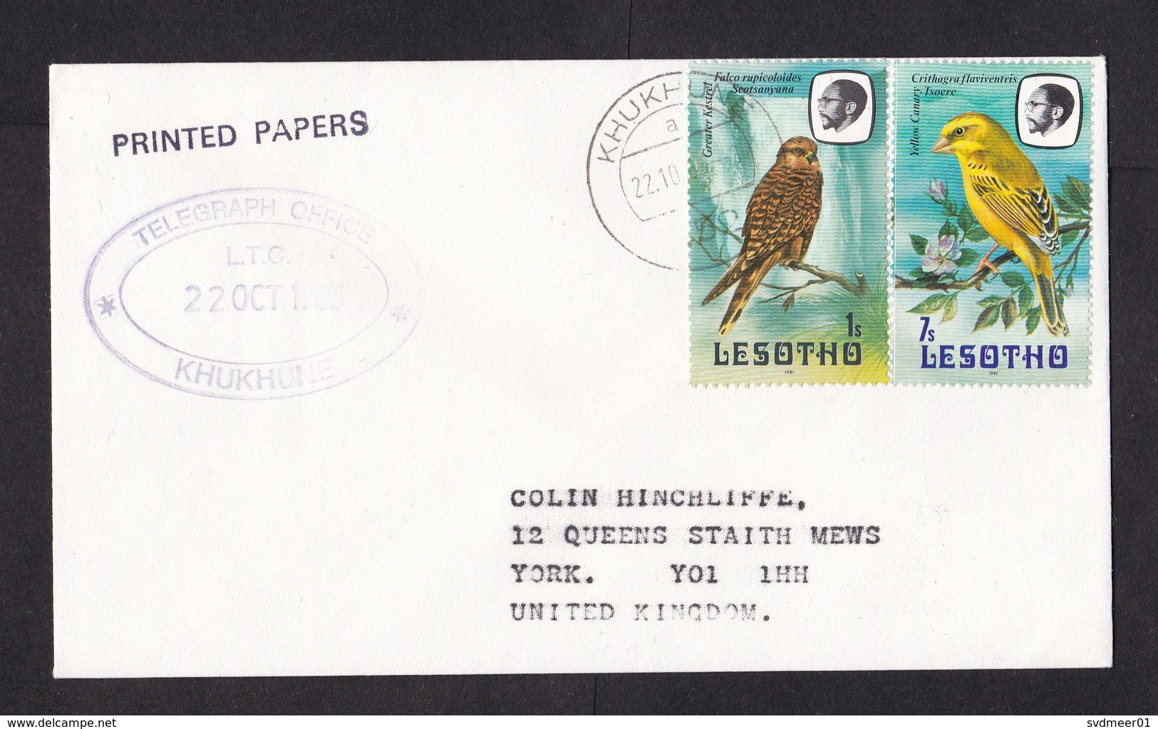 Lesotho: Cover To UK, 1985, 2 Stamps, Bird, Canary, Cancel Telegraph Office Khukhune, Rare Real Use (traces Of Use) - Lesotho (1966-...)