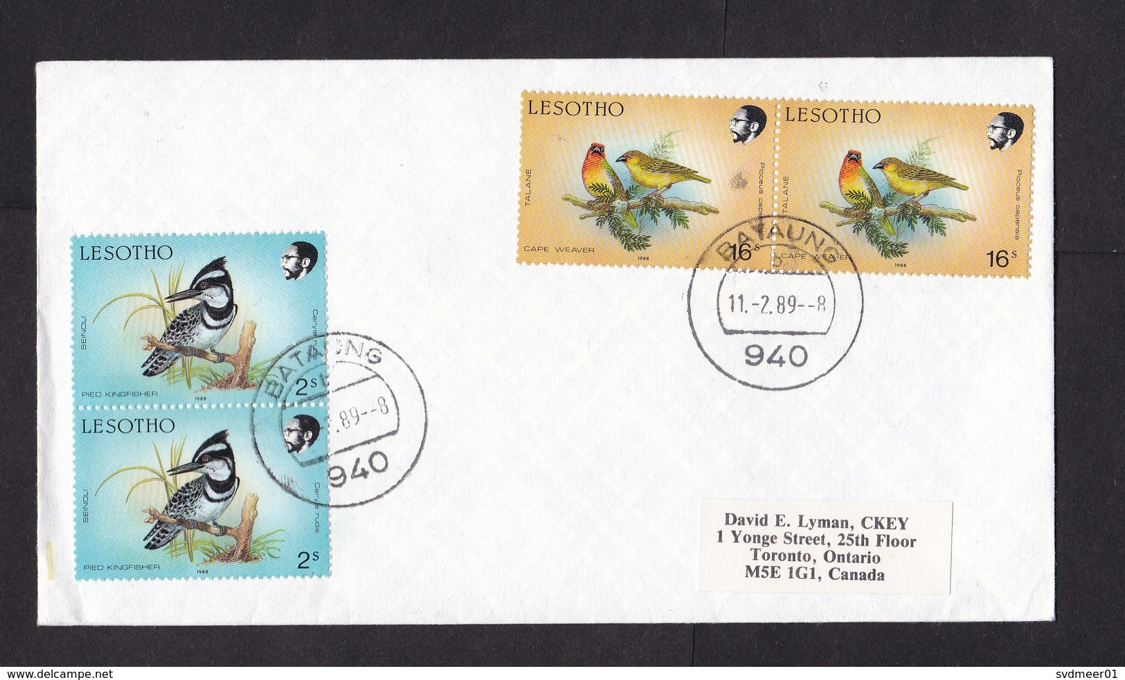 Lesotho: Cover To Canada, 1989, 4 Stamps, Bird, Kingfisher, Cancel Bataung, Rare Real Use (writing At Back) - Lesotho (1966-...)
