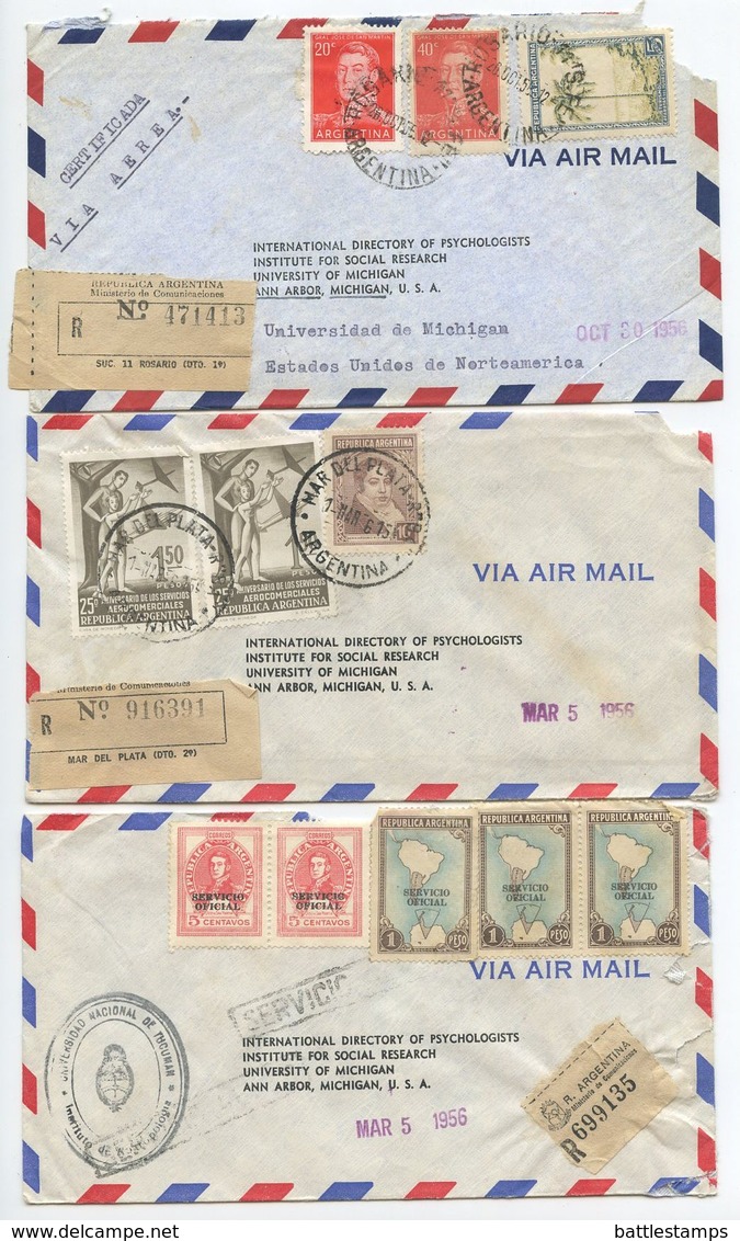 Argentina 1956 3 Registered Airmail Covers To Ann Arbor Michigan, Mix Of Stamps - Covers & Documents