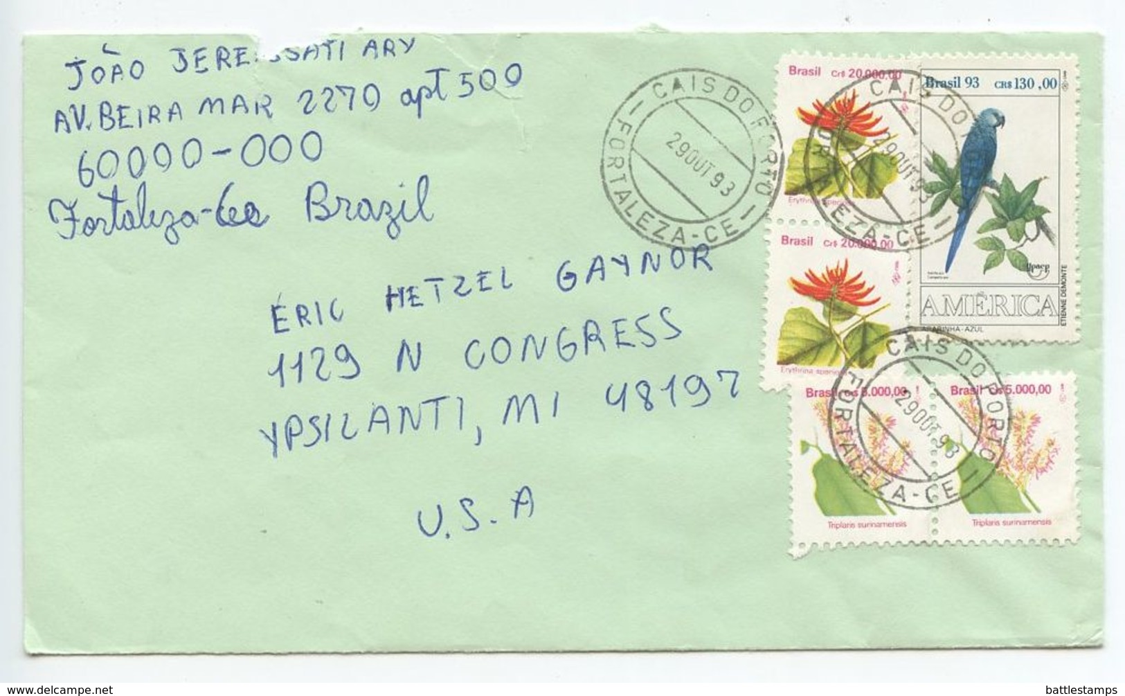 Brazil 1993 Cover Cais Do Porto, Fortaleza To U.S., Scott 2271 2273 2424 - Cartas & Documentos