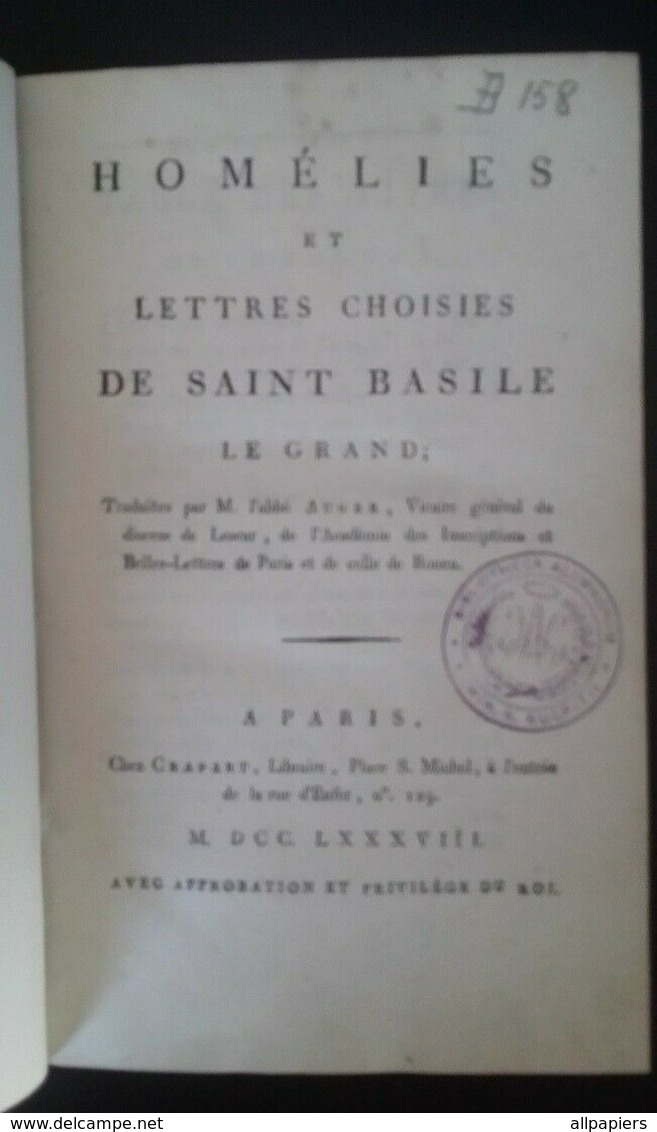 Homélies Et Lettres Choisies De Saint Basile Le Grand Par L'Abbé Auger De 1788 - 1701-1800