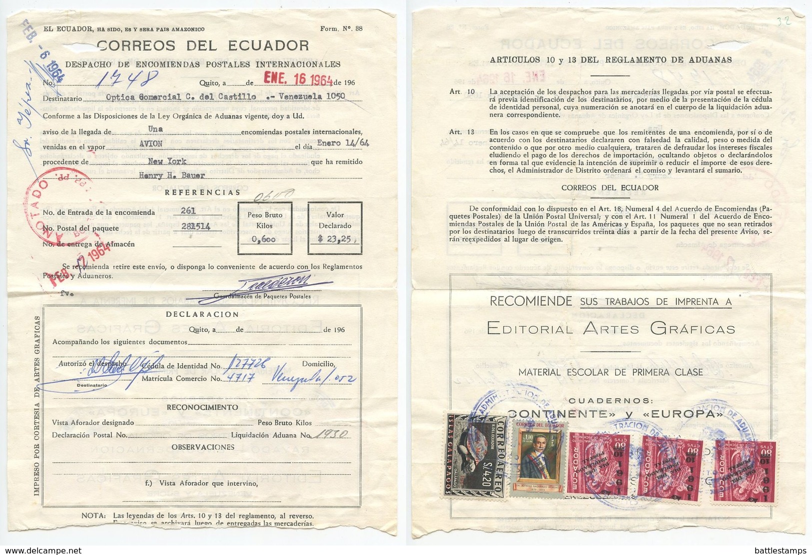 Ecuador 1964 International Parcel Postal Dispatch From New York - Ecuador