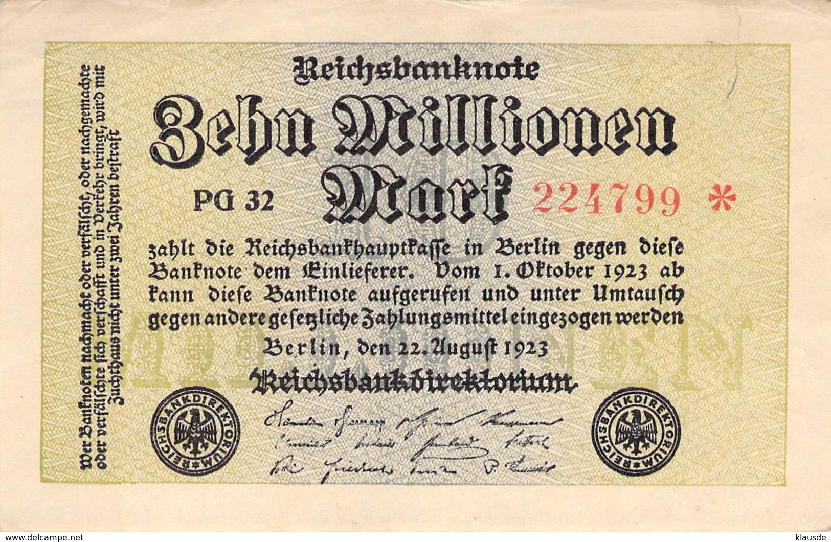 10 Mio Mark Reichsbanknote VF/F (III) PG 32 - 5 Mio. Mark