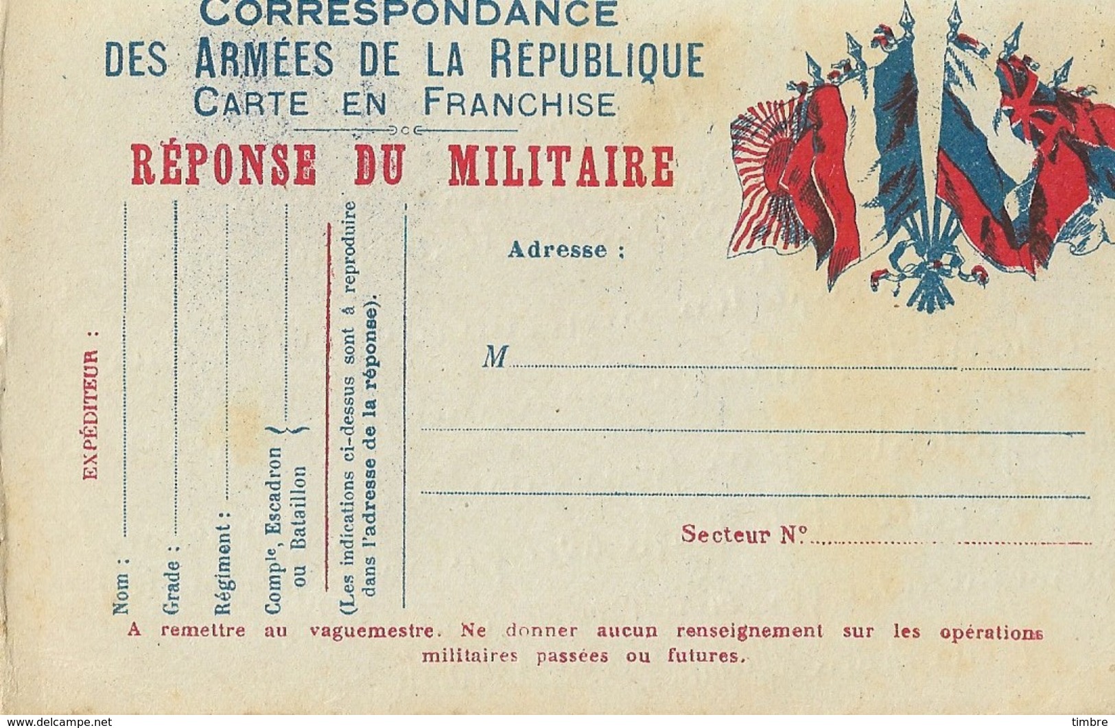 Carte Postale Franchise Militaire 6 Drapeaux - WW I