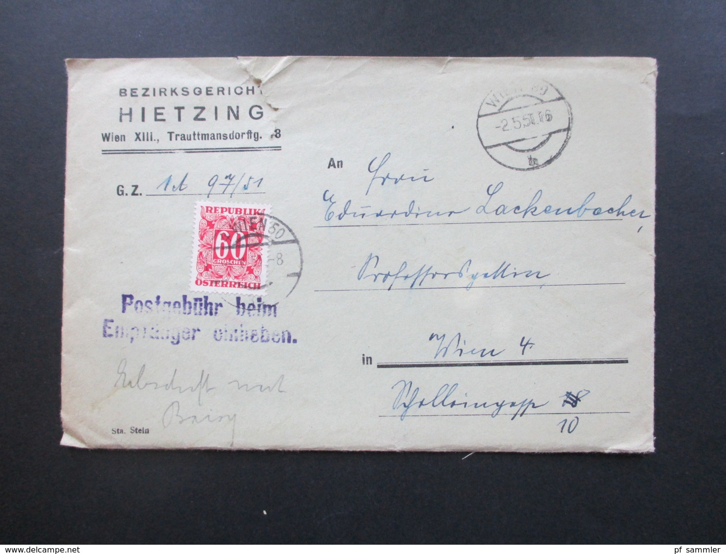 Österreich 1951 Amtsbrief Bezirksgericht Hietzing - Wien Mit Inhalt Und Stempel / Fiskalmarke Revenue. Nachporto Marke - Briefe U. Dokumente