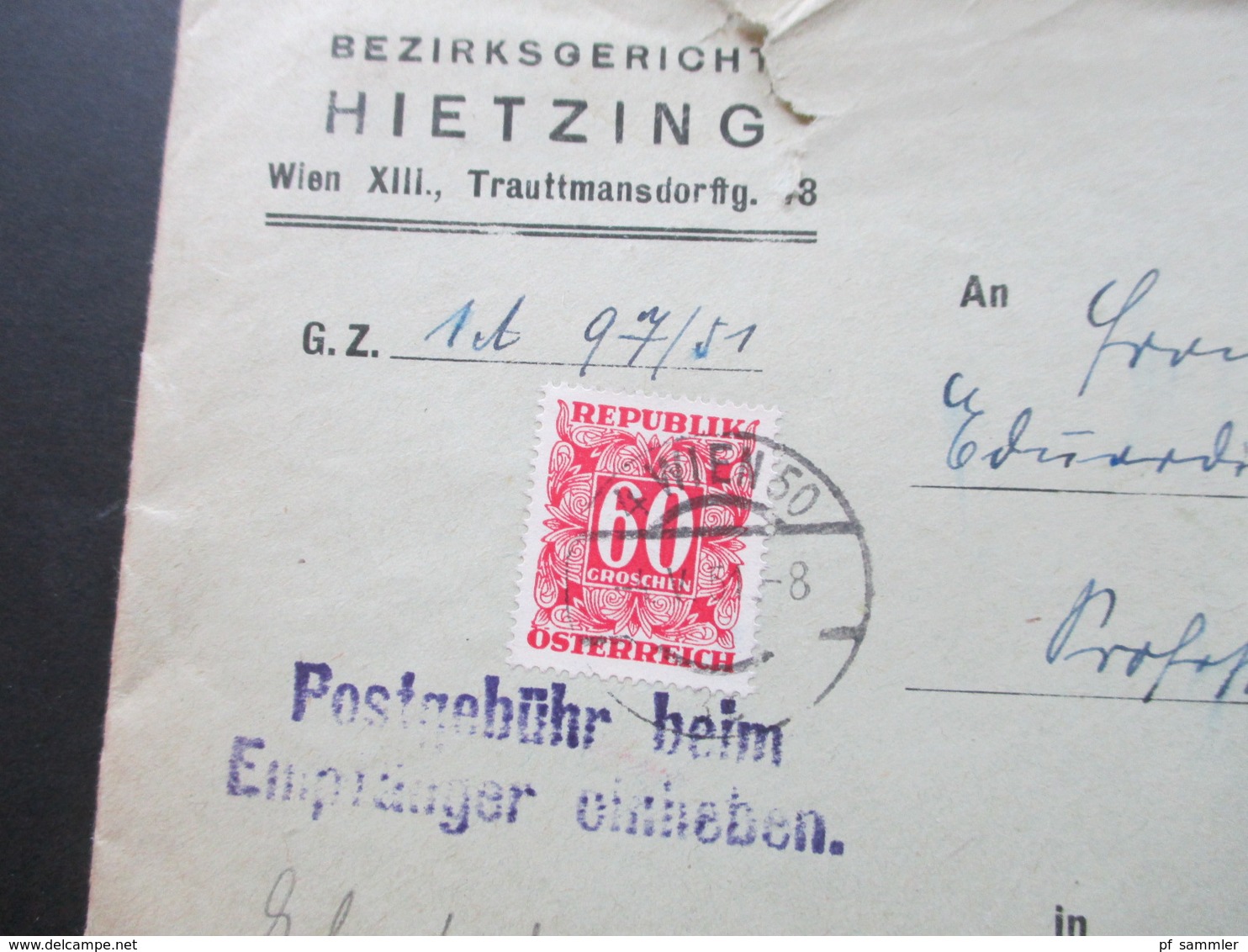 Österreich 1951 Amtsbrief Bezirksgericht Hietzing - Wien Mit Inhalt Und Stempel / Fiskalmarke Revenue. Nachporto Marke - Briefe U. Dokumente