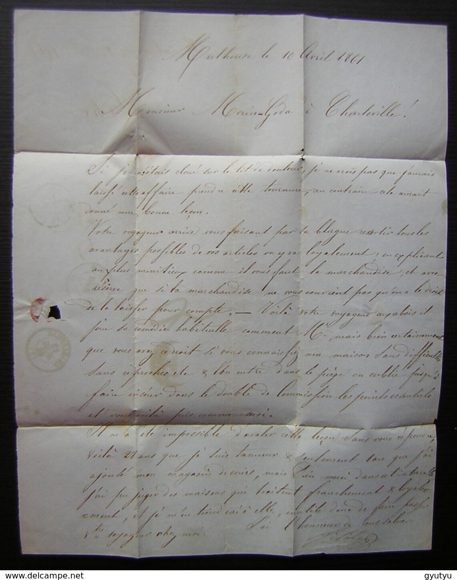 1861 Mulhouse Lettre Sans Timbre Pour Charleville Convoyeur à L'arrière Paris à Sedan 1 G Et Bâle à Paris C - 1849-1876: Période Classique