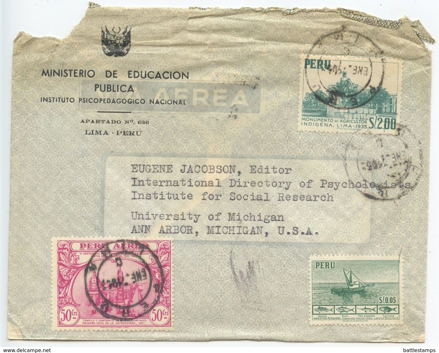 Peru 1950‘s Airmail Cover Lima - Ministerio De Educacion Publica To Ann Arbor MI - Perú