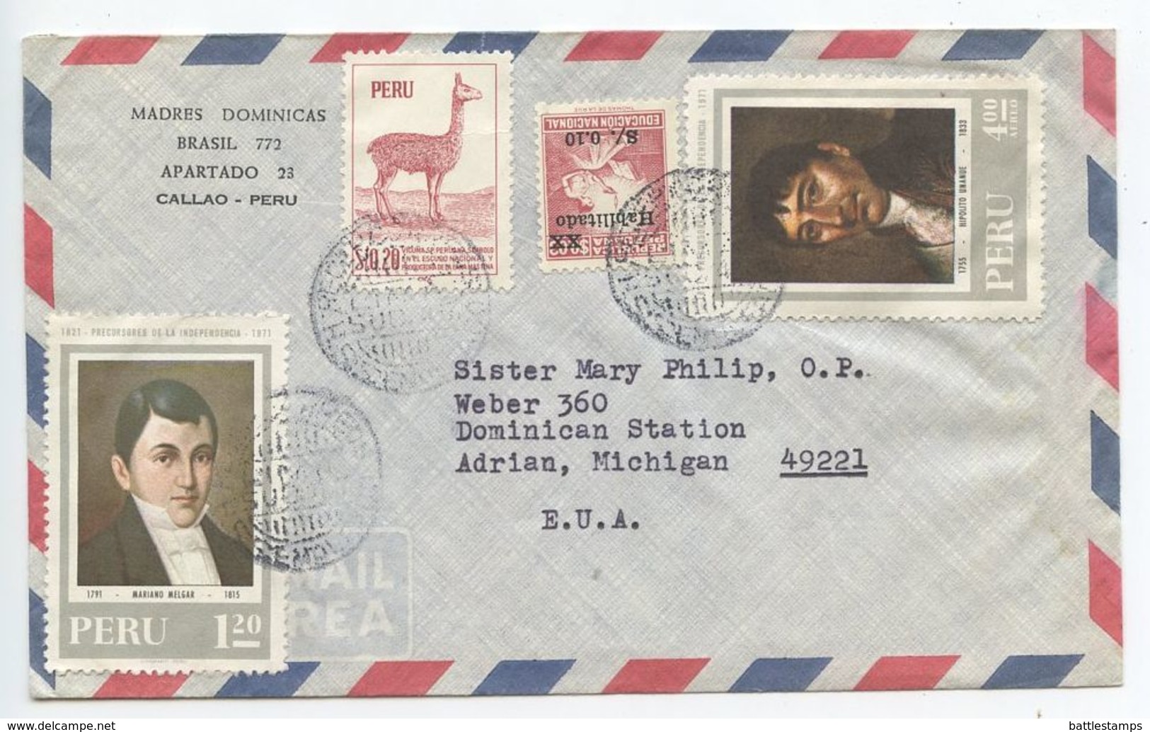 Peru 1970‘s Airmail Cover Callao - Madres Dominicas To Adrian Michigan - Peru