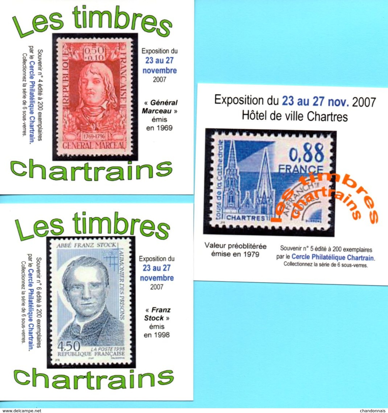 (L94)série De 6 Sous Bock Chartres Illustrés De Timbres Poste Cathédrale, Stock, Marceau, Vitrail, Péguy (philatélie) - Portavasos
