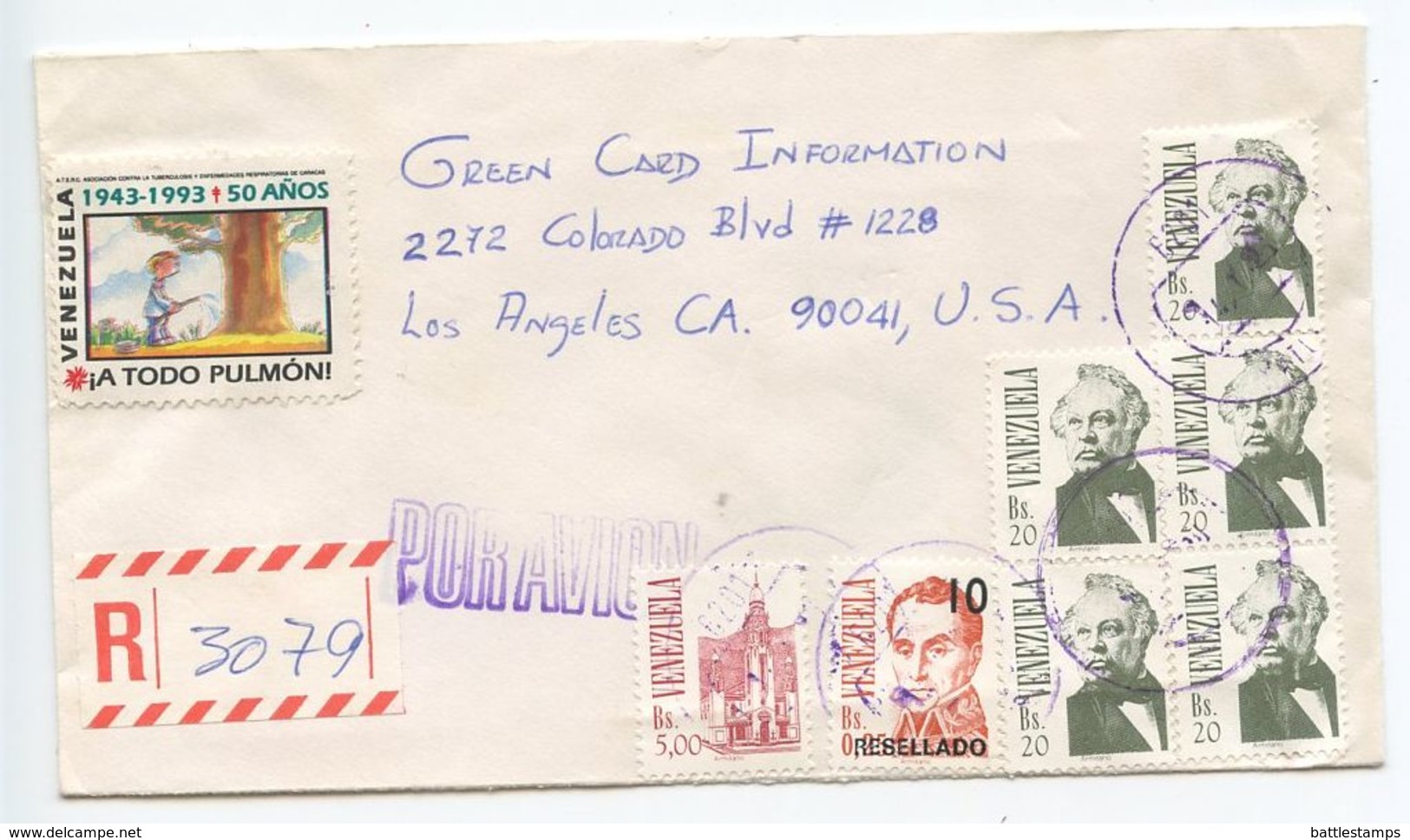 Venezuela 1993 Registered Airmail Cover Caracas To Los Angeles California - Venezuela