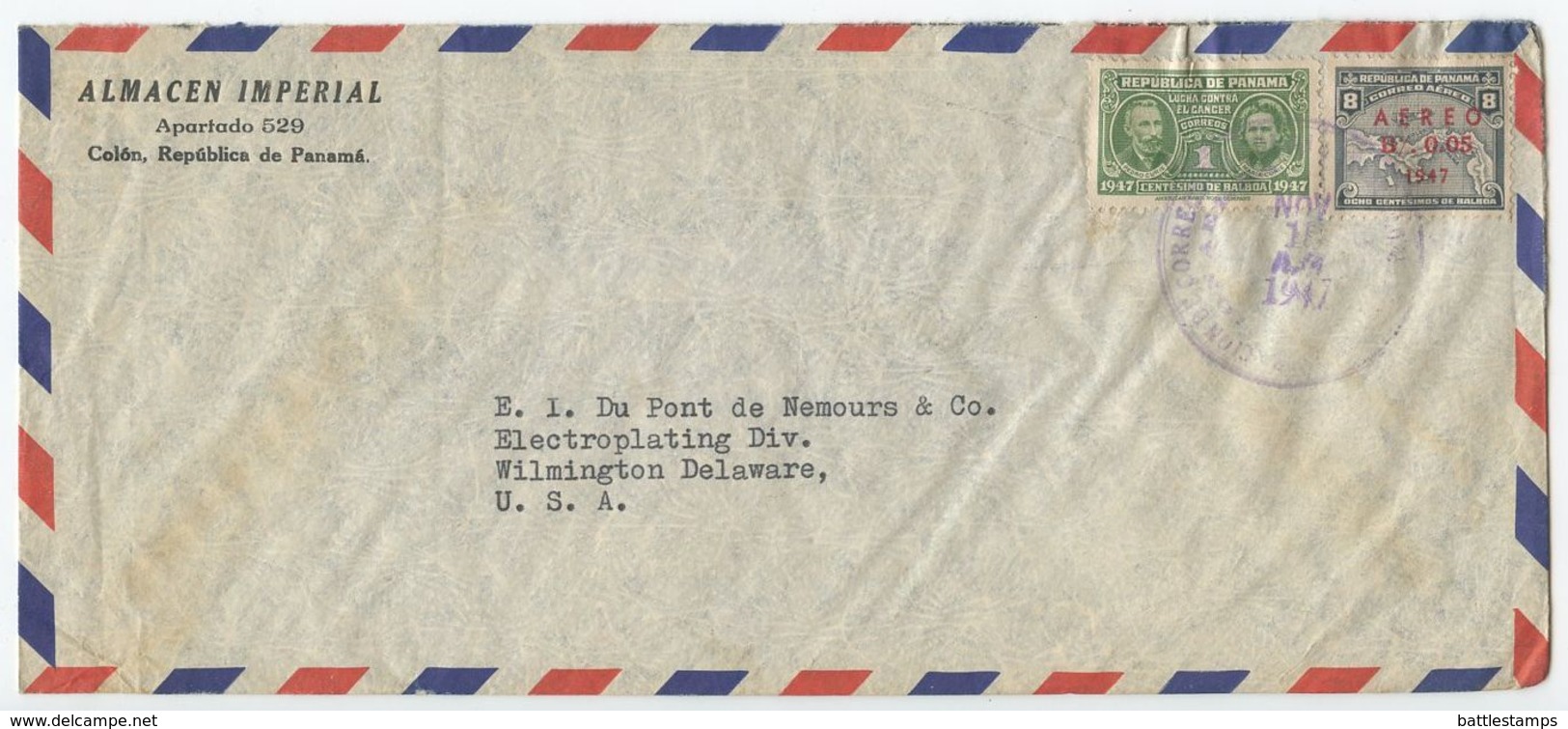 Panama 1947 Airmail Cover Colón To Wilmington DE, Scott C82 & RA25 - Panama