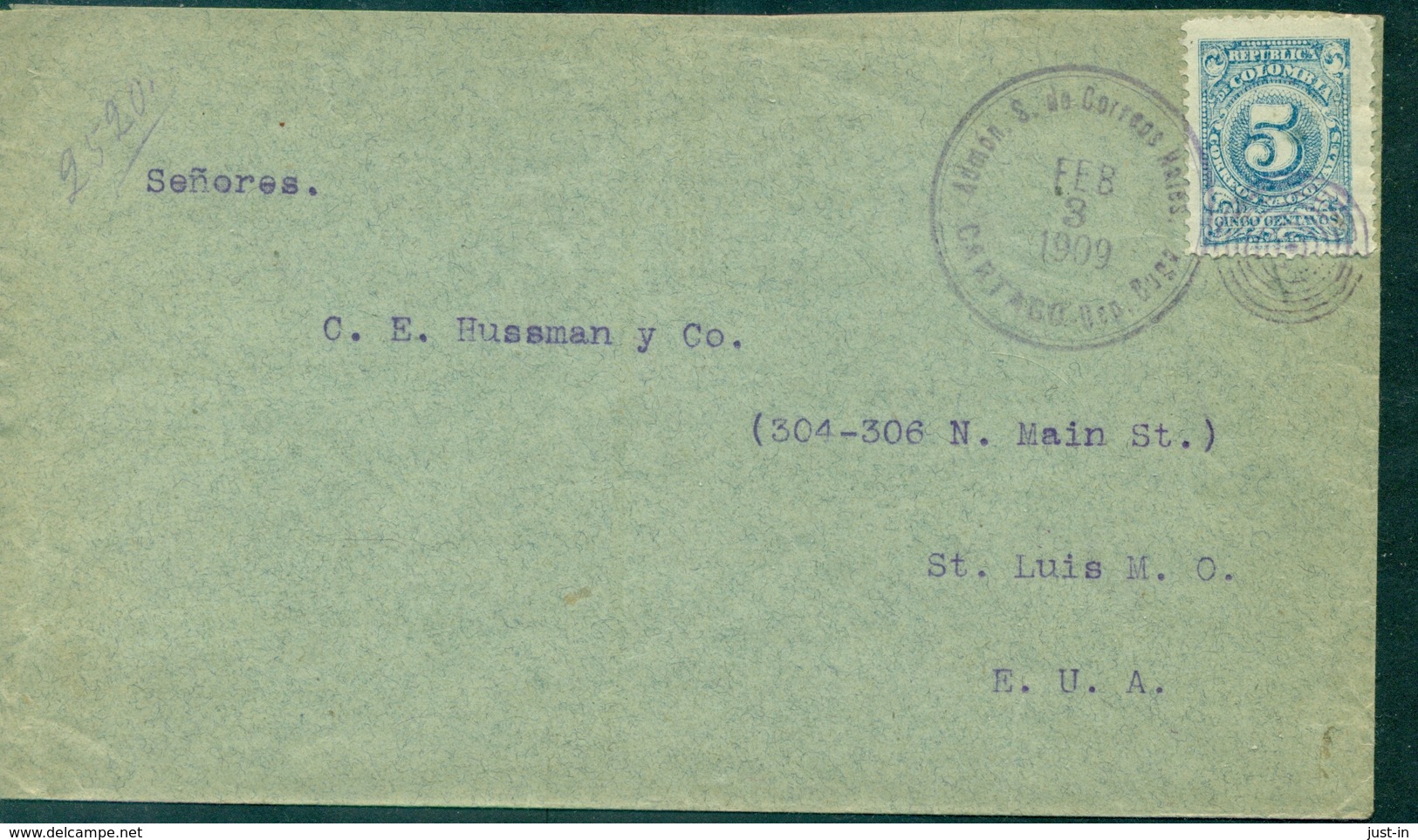 COLOMBIE Oblit 3 Fev 1909 Pour E.U.A.verso Ct De Transit Du 8 à BUENAVENTURA TB. - Colombie