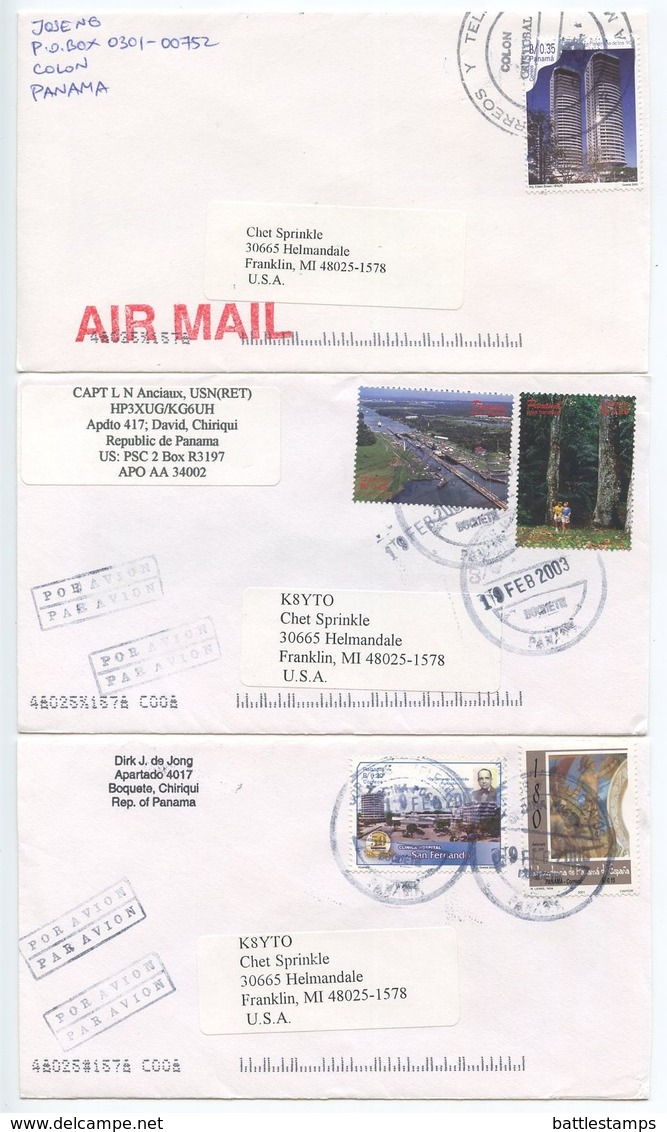 Panama 2000‘s 3 Airmail Covers Colon & Boquete To U.S., Mix Of Stamps - Panama