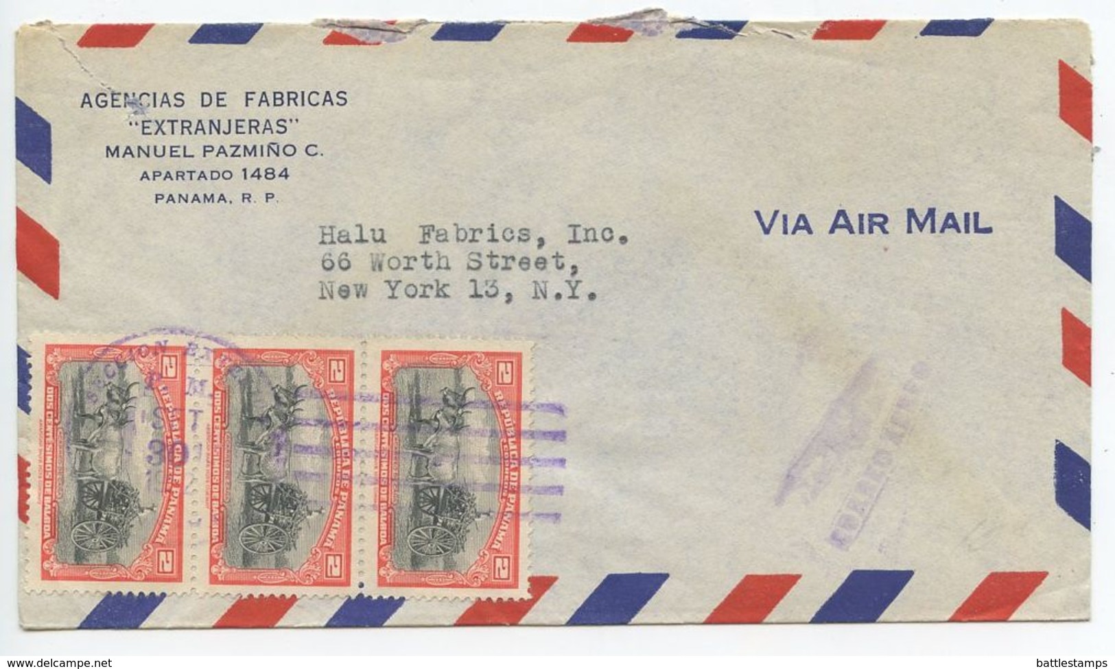 Panama 1952 Airmail Cover To New York, Scott 376 Sugar Cane Cart X 3 - Panama