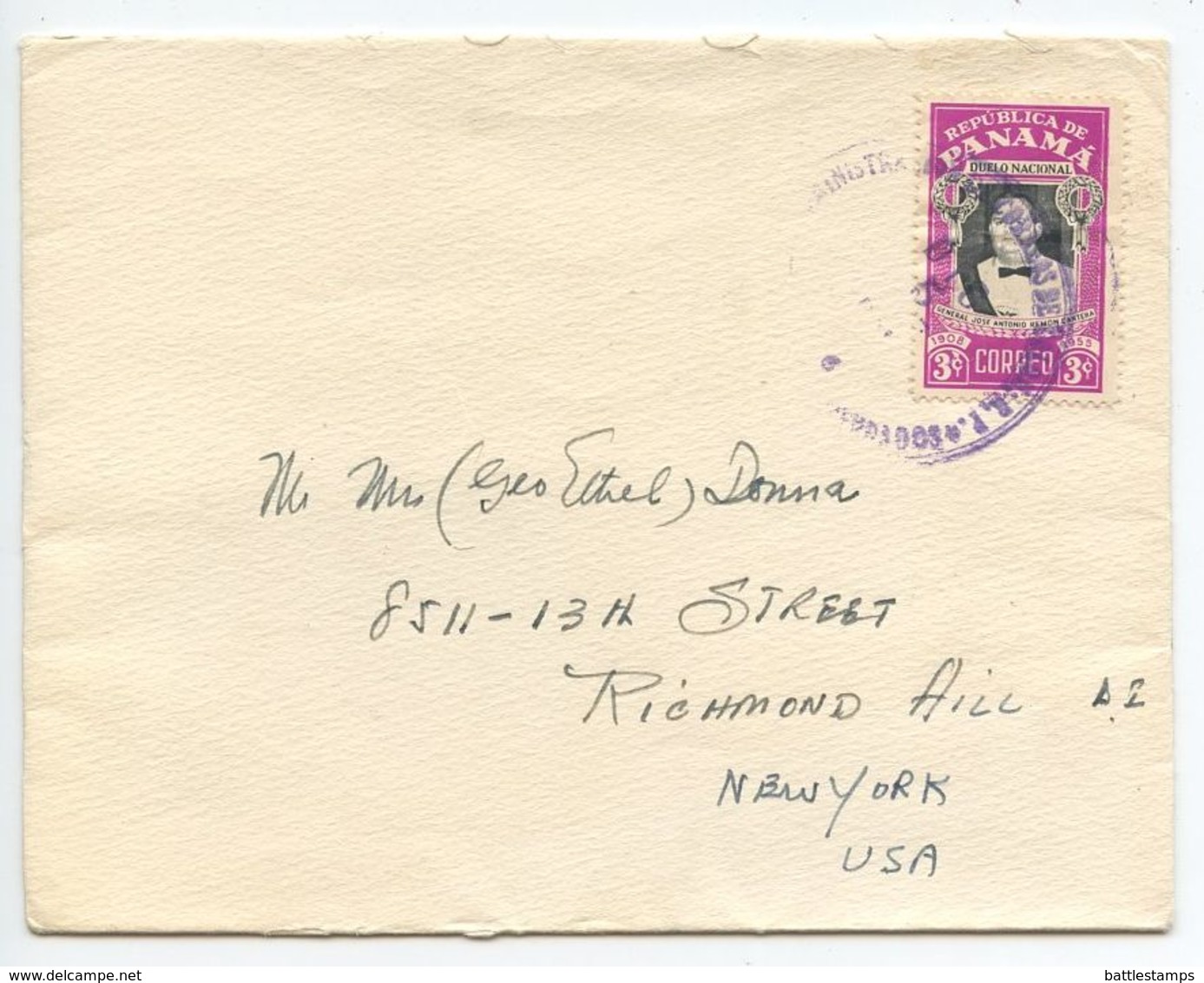 Panama 1950‘s Cover Colon To Richmond Hill NY, Scott 399 General Remon Cantera - Panama