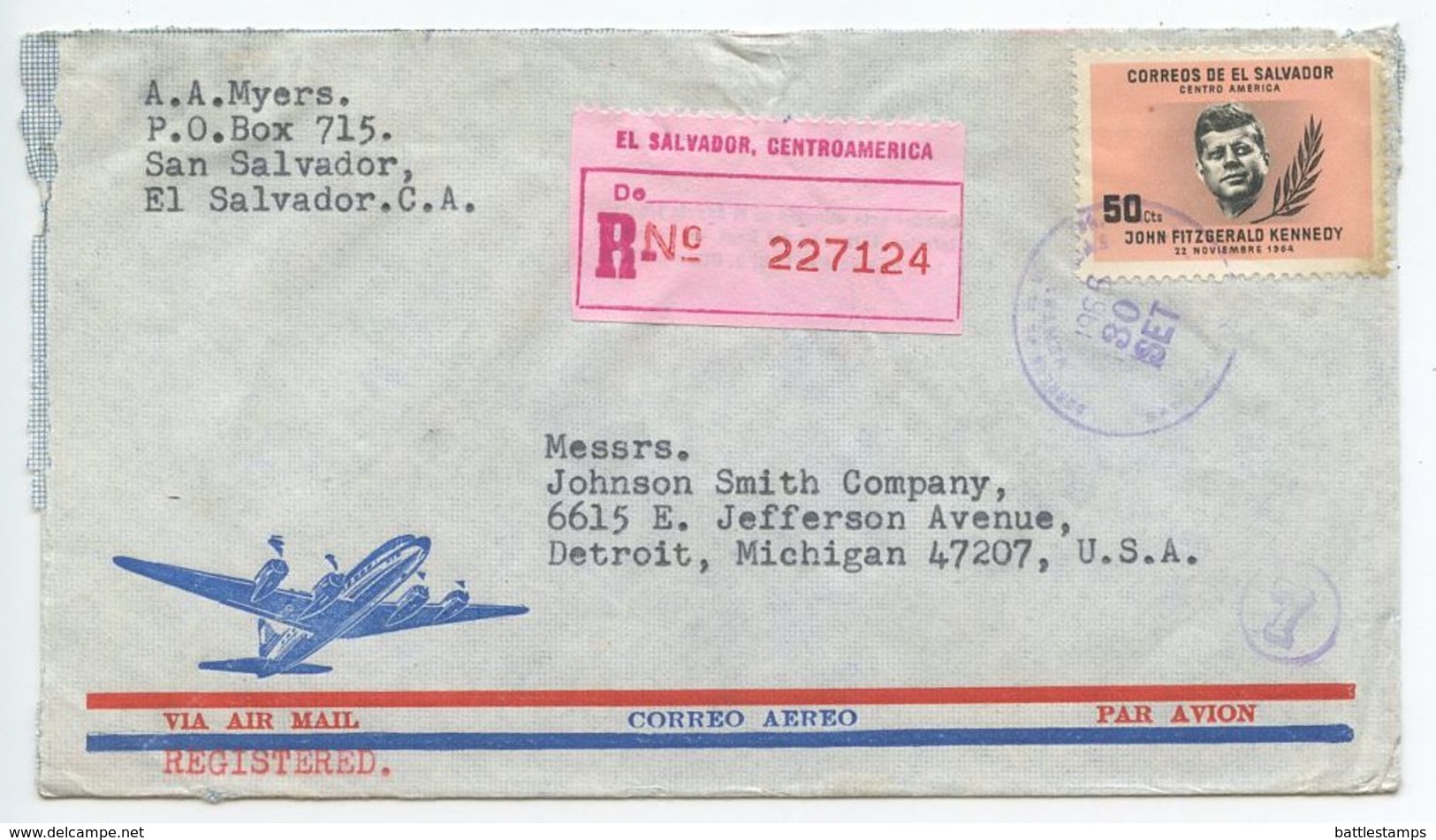 El Salvador 1965 Registered Airmail San Salvador To Detroit MI, Scott 749 JFK - El Salvador