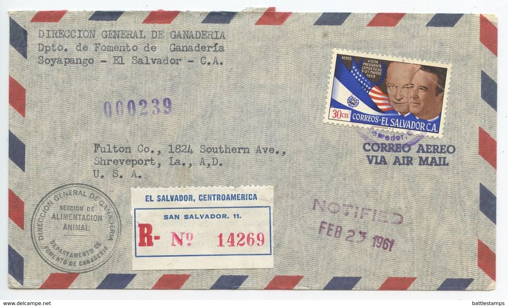 El Salvador 1961 Registered Airmail Cover San Salvador To Shreveport Louisiana, Scott C186 - El Salvador