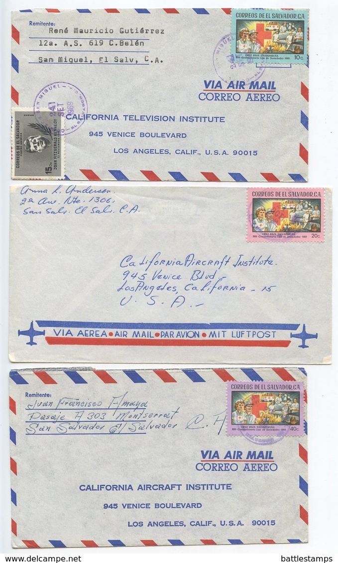 El Salvador 1969 3 Airmail Covers San Miguel & San Salvador, Scott 795-797 Red Cross - El Salvador