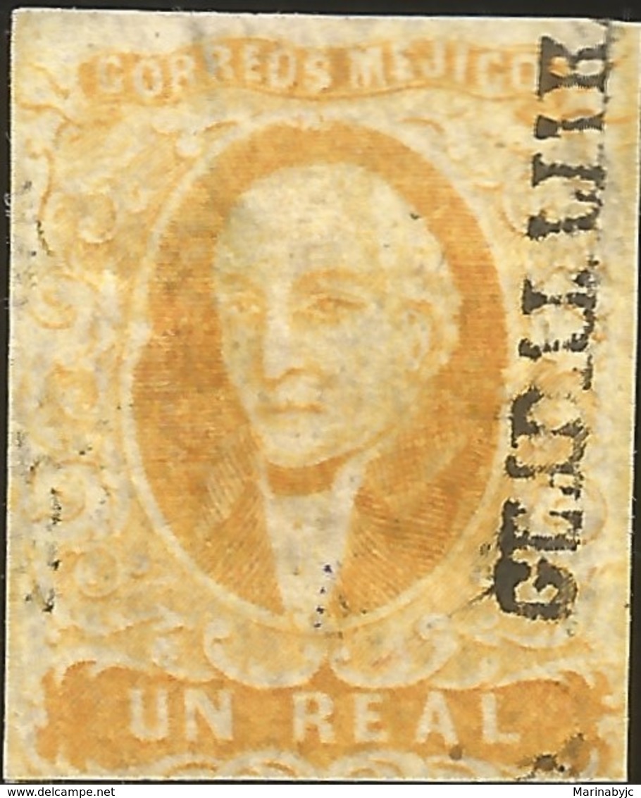 J) 1856 MEXICO, HIDALGO, UN REAL YELLOW ORANGE, GUADALAJARA DISTRICT, MN - Mexico