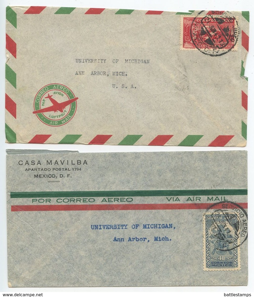 Mexico 1941 2 Airmail Covers D.F. To Ann Arbor MI, Eagle Man & Aztec Bird Man Stamps - Mexico