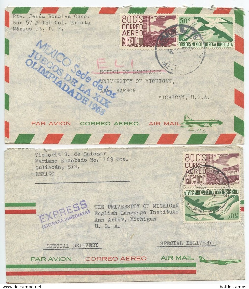 Mexico 1968-69 2 Special Delivery Airmail Covers D.F. & Culiacán To U.S. - Mexico