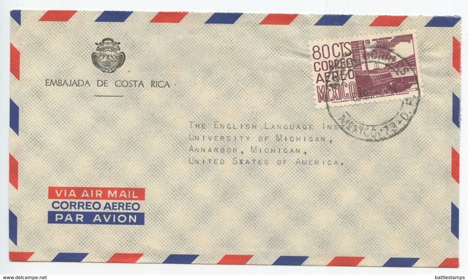 Mexico 1966 Airmail Cover Mexico City, Embassy Of Costa Rica - Mexico