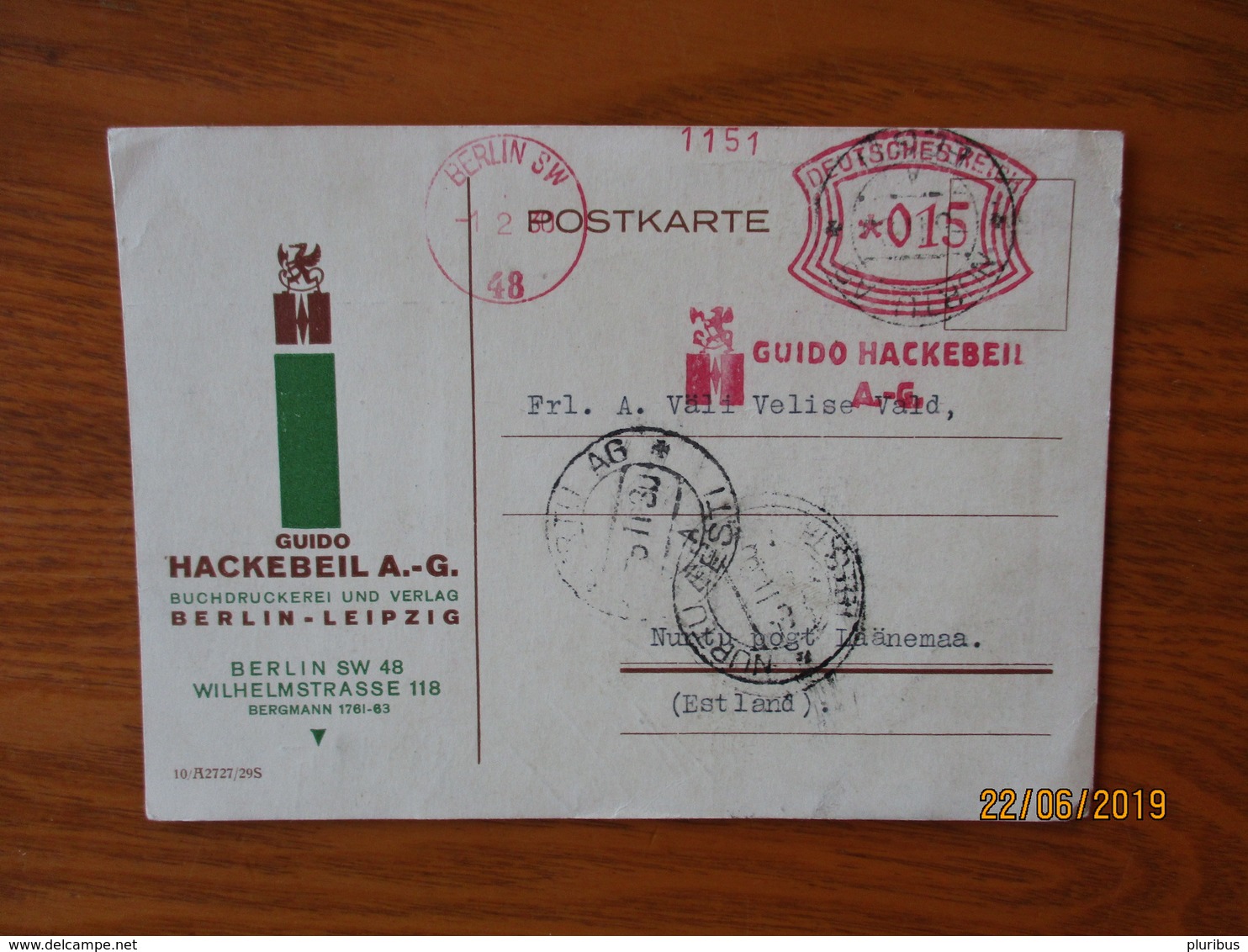 1930 FARNKING METER MARK POSTAL METER GUIDO HACKEBEIL BUCHDRUCKEREI BERLIN LEIPZIG TO ESTONIA NURTU AG   , O - Altri & Non Classificati