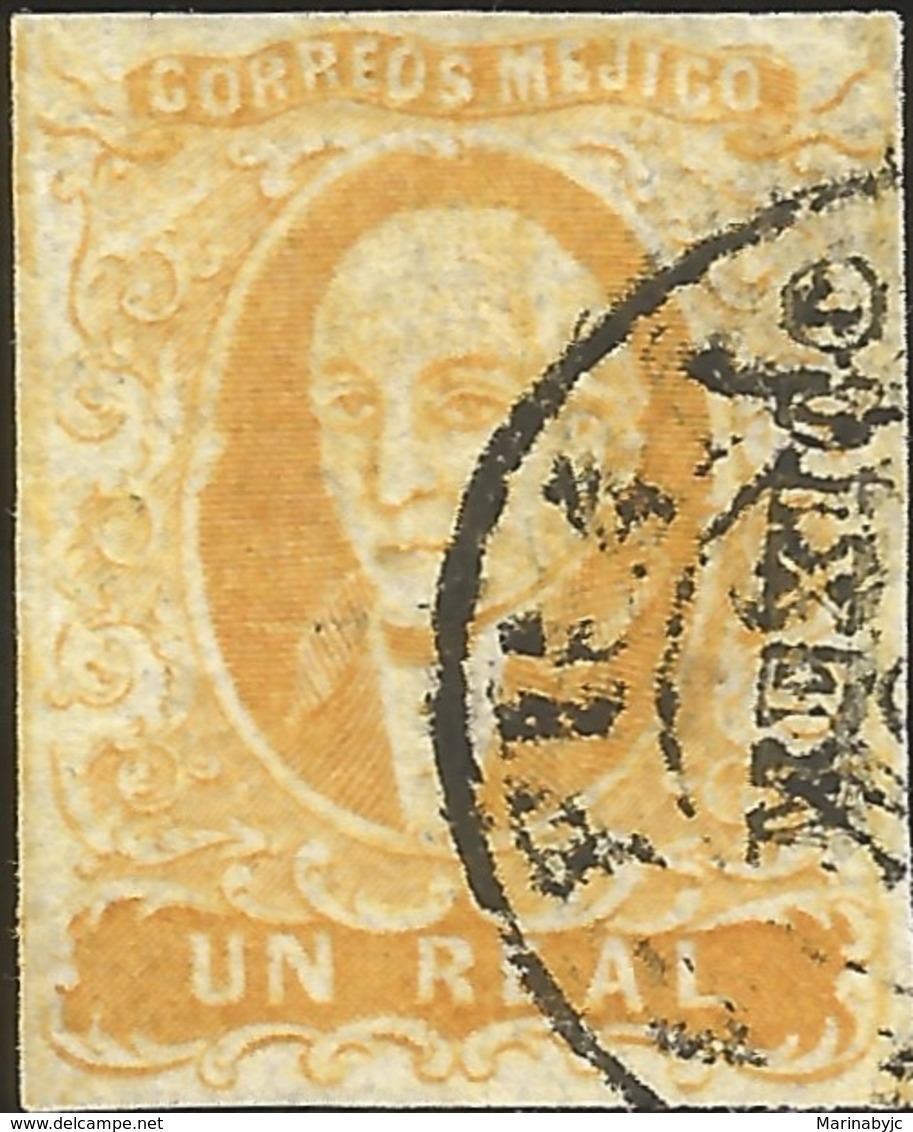 J) 1856 MEXICO, HIDALGO, UN REAL YELLOW ORANGE, MEXICO DISTRICT, CIRCULAR CANCELLATION, MN - Mexico