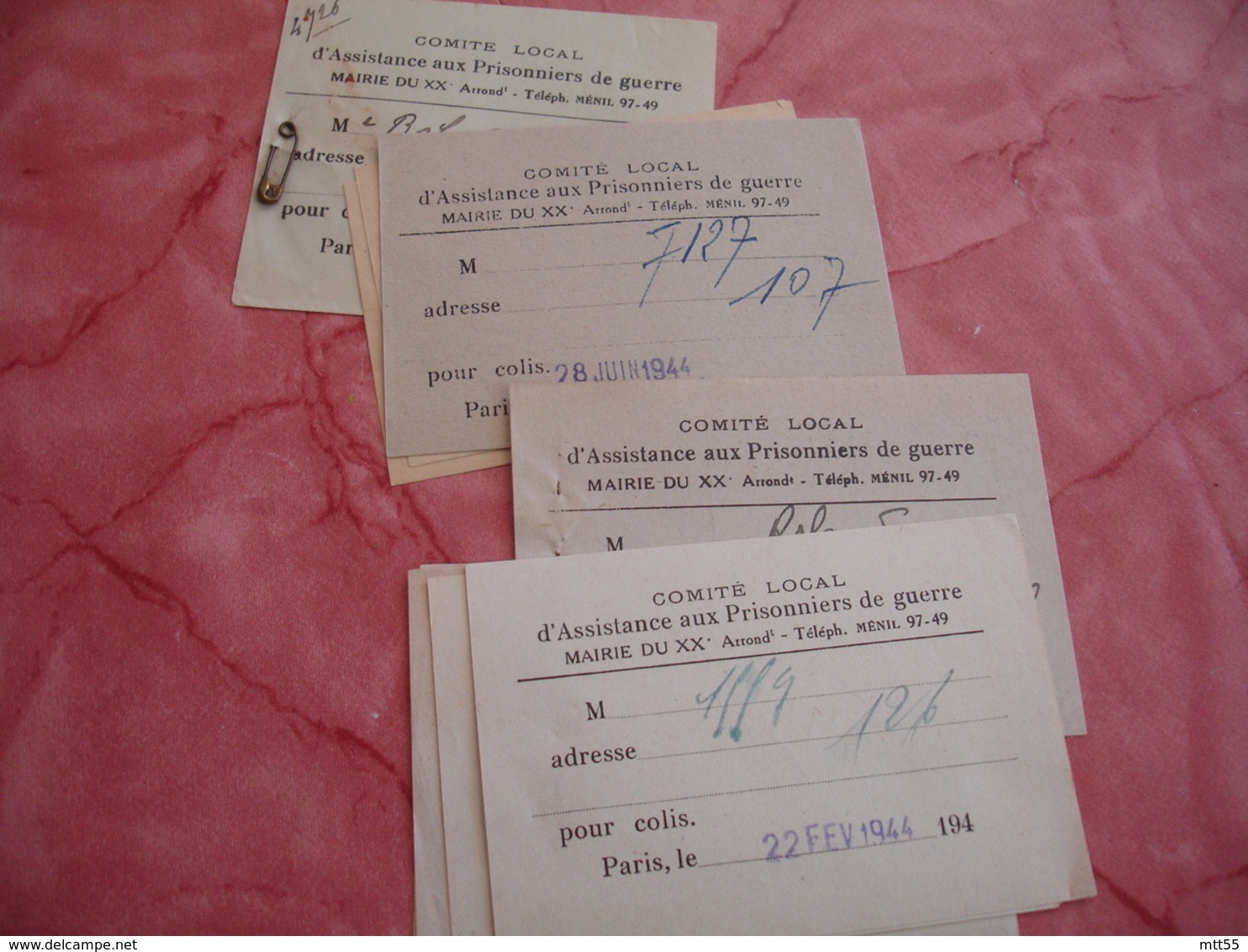 Lot De 18 Recu Comite Assistance Prisonniers Guerre Mairie 20 Eme Paris Guerre 39.45 - Documents Historiques