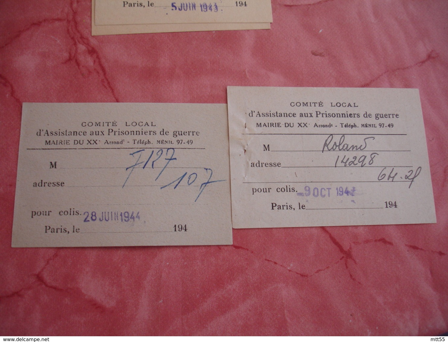 Lot De 18 Recu Comite Assistance Prisonniers Guerre Mairie 20 Eme Paris Guerre 39.45 - Documents Historiques