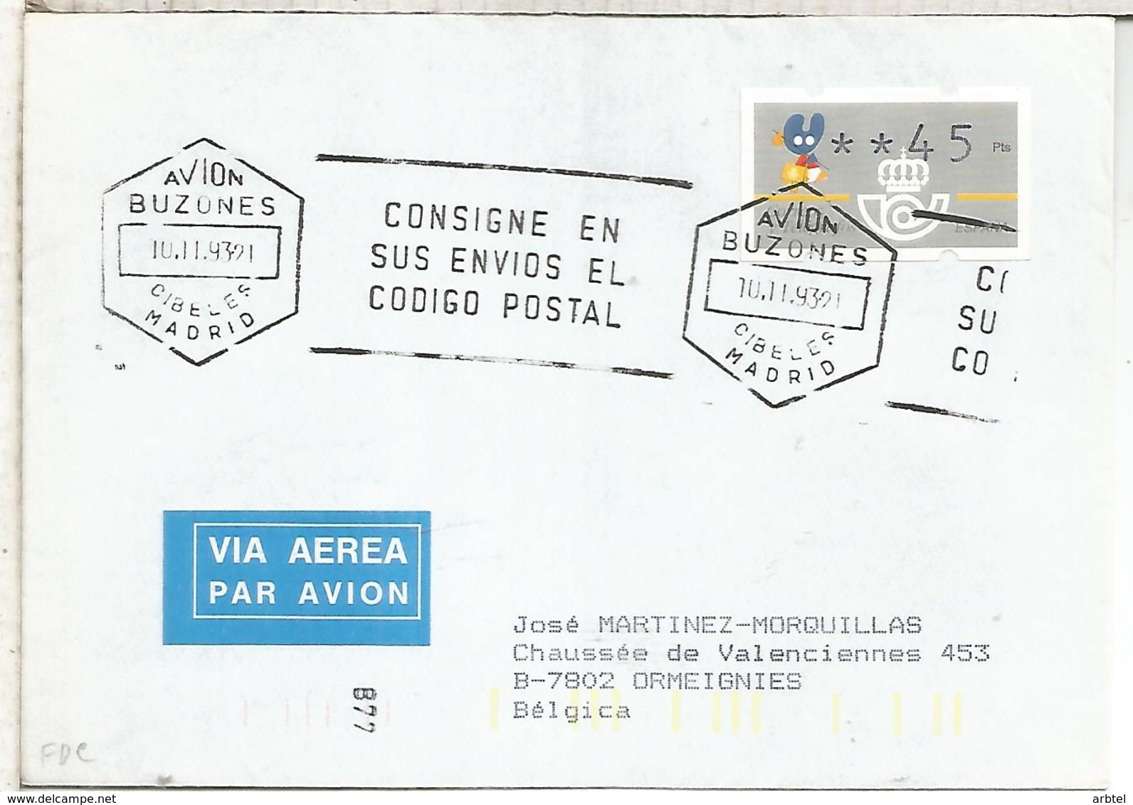 MADRID  AÑO SANTO JACOBEO ATM 4 DIGITOS KLUSSENDORF MAT AVION BUZONES CIBELES AL DORSO LLEGADA - Cartas & Documentos