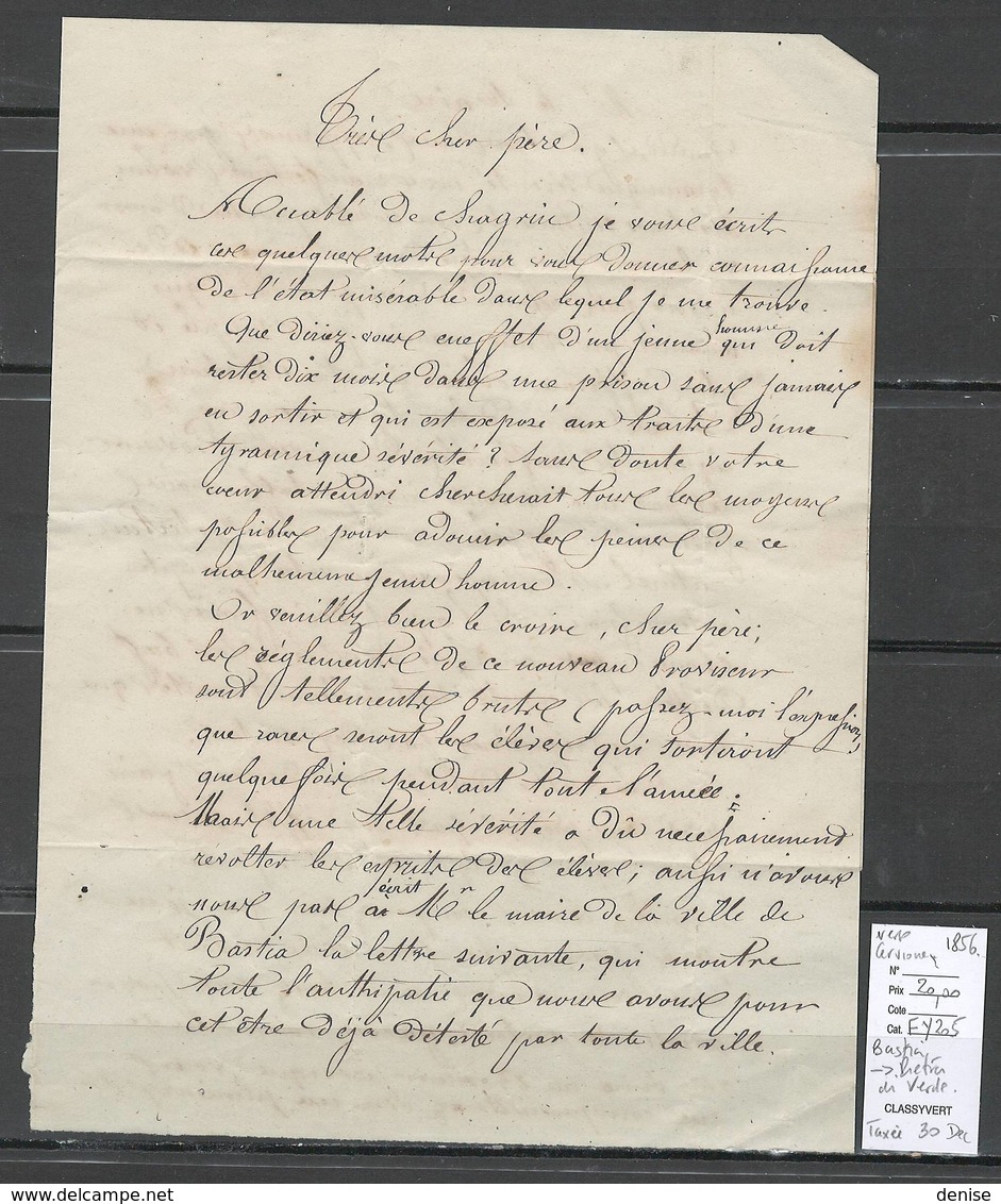 France -Lettre De BASTIA - Corse - 1856 Pour Pietra Di Verde - Taxée 30 - 1849-1876: Période Classique