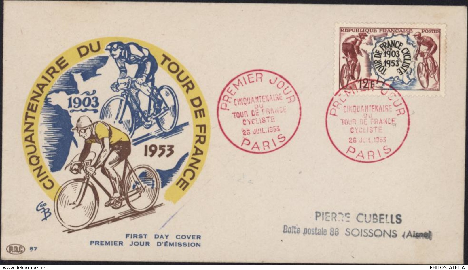 Enveloppe Premier Jour D'émission Cinquantenaire Tour De France Cycliste 26 Juil 1953 Paris YT 955 CAD Rouge - Matasellos Conmemorativos