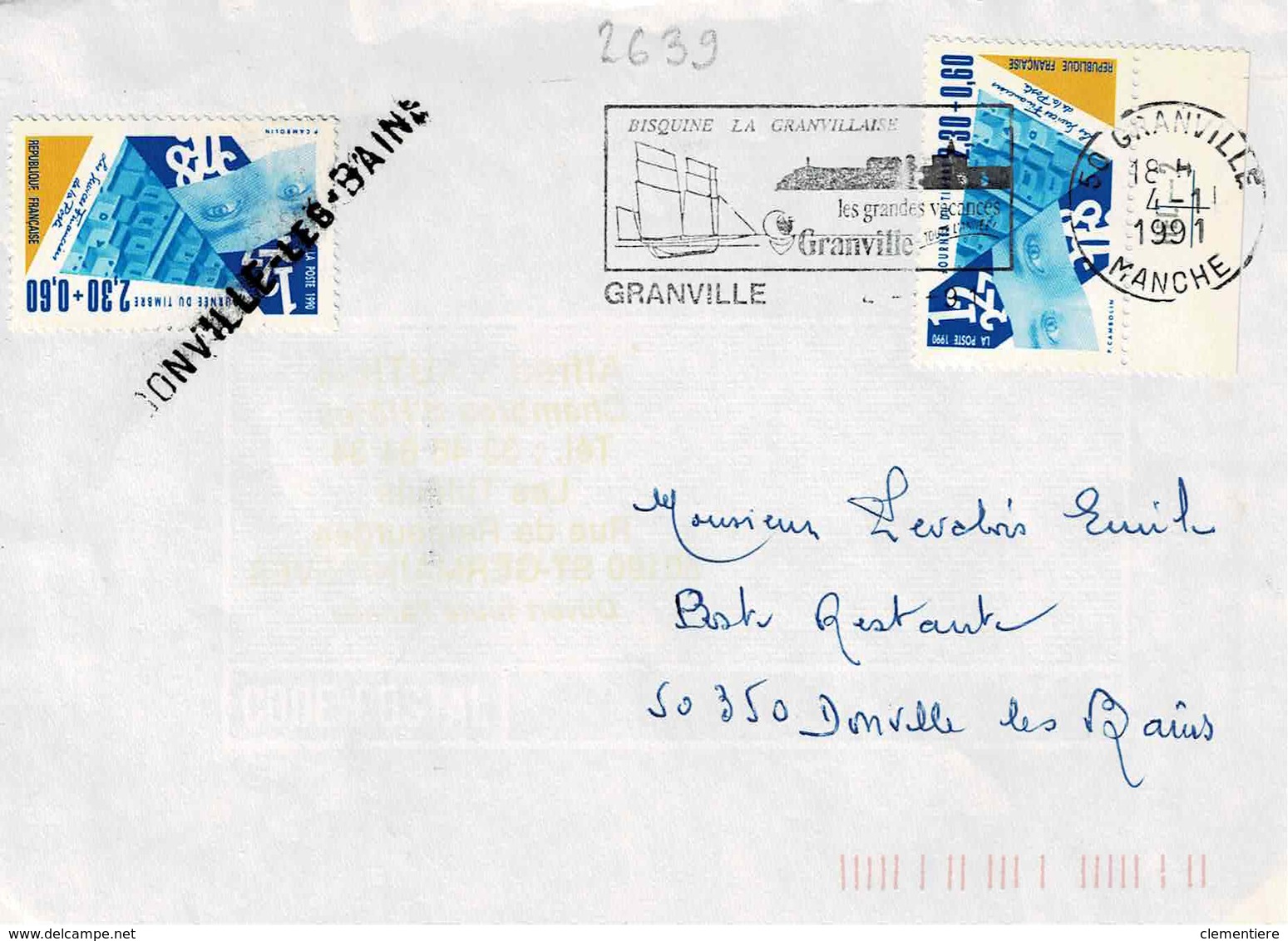 TP N ° 2639  En 2 Ex Sur Enveloppe De Granville Pour Donville En Poste Restante Avec Griffe Linéaire De Donville - 1961-....