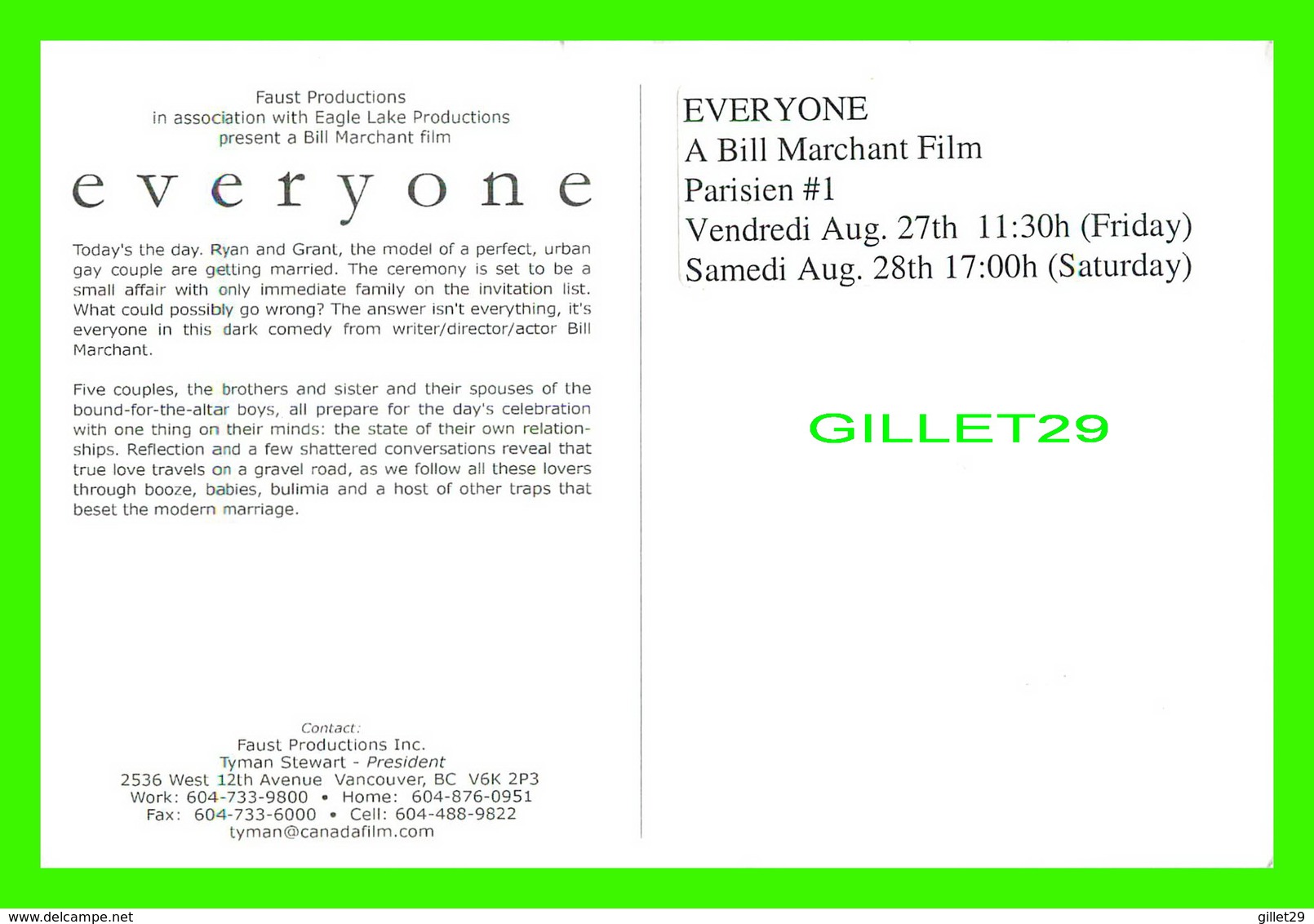 AFFICHE DE FILM - " EVERYONE " A BILL MARCHANT FILM, PARISIEN No 1 - FAUST PRODUCTIONS INC - - Affiches Sur Carte