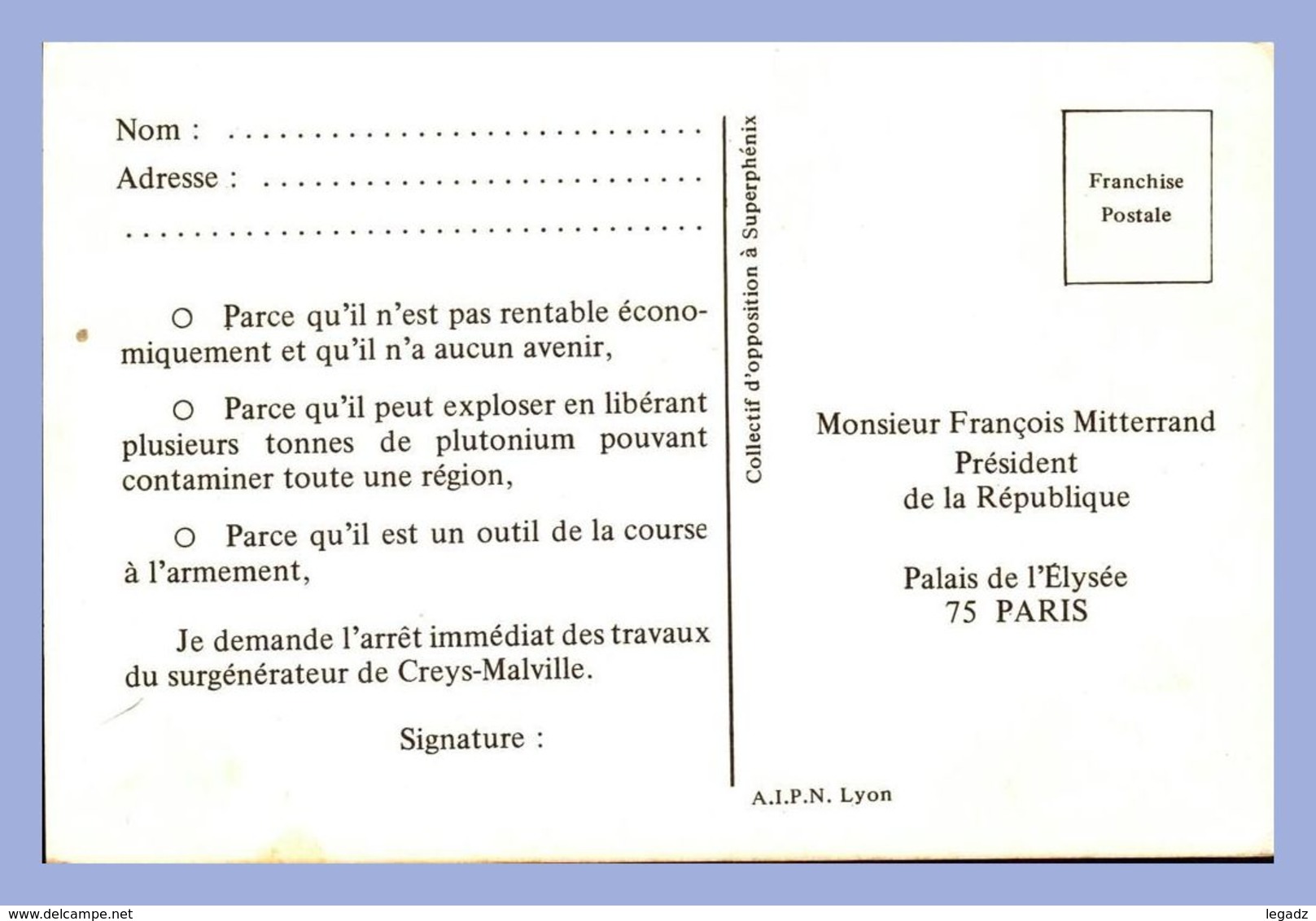 Carte Pétition - Collectif D'opposition à Superphénix - La Majorité De La France Contre Superphénix - Evènements