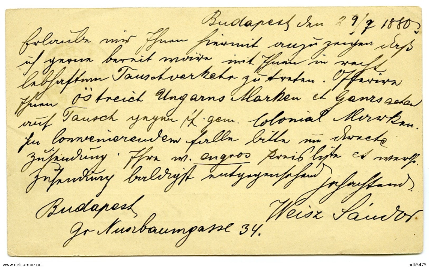 HUNGARY : MAGY KIR POSTAL / LEVELEZO-LAP : BUDAPEST, BAUMGASSE - STRASSBURG / STRASBOURG, 1880 (WEISZ, SCHREINER) - Postal Stationery