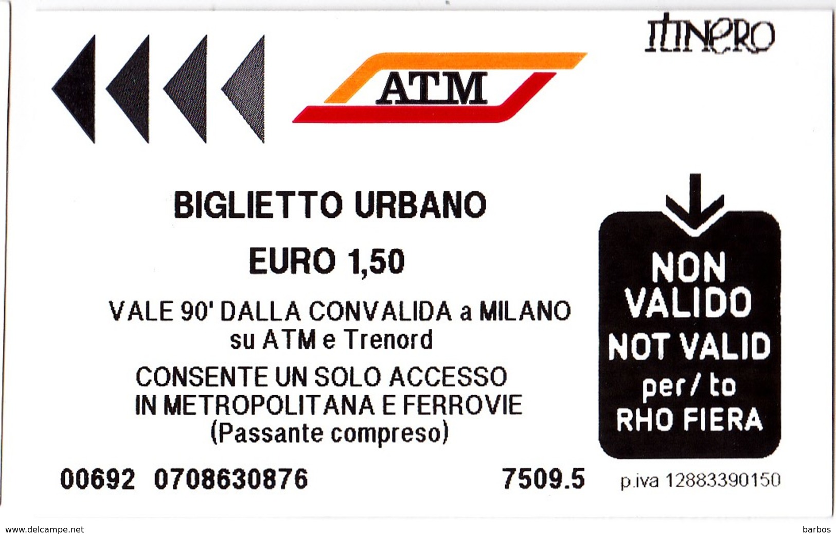 Italy , Milano   , Metro  Ticket  , Biglietto Urbano , Used - Europe