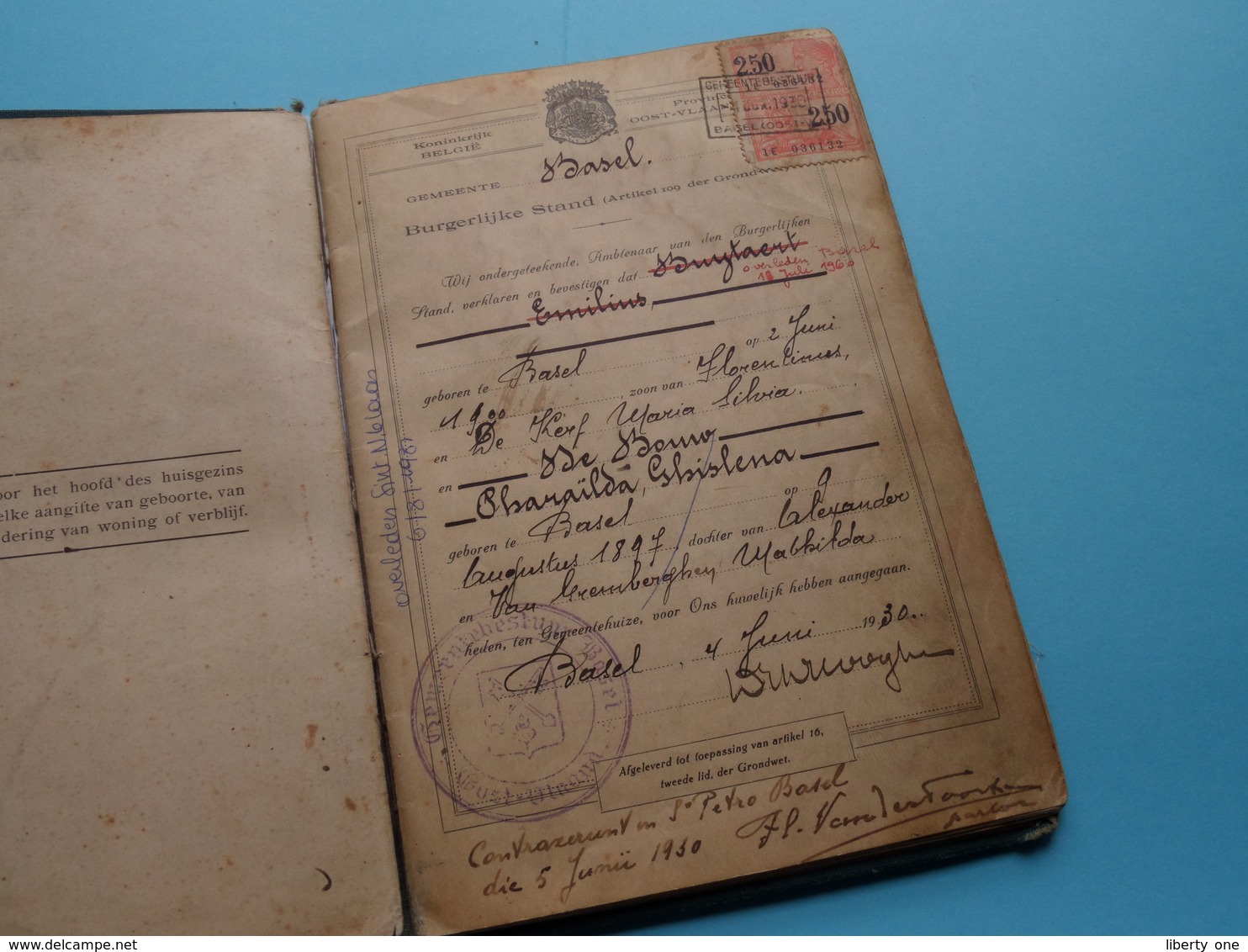 HUWELIJKSBOEKJEBOEK > 1930 Gemeente BAZEL (Basel) Buytaert Emilius 1920 / De Bouw Pharaïde 1897 ( Details Zie Foto ) ! - Non Classés