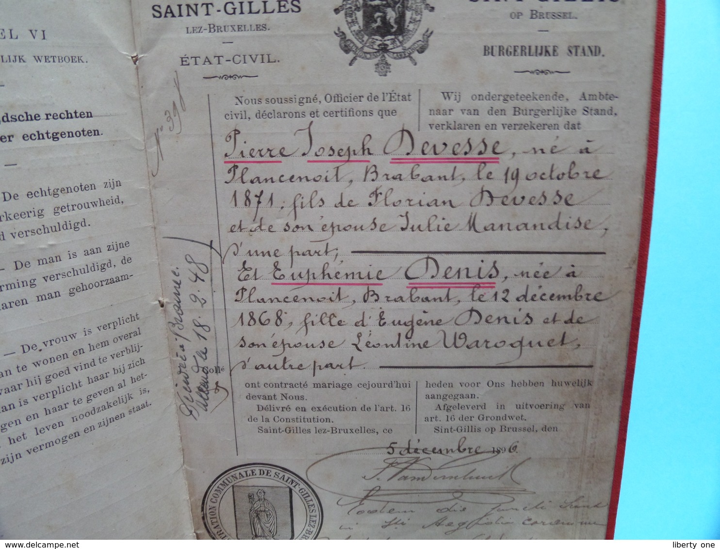 Carnet De MARIAGE Saint-Gilles 1896 > Devesse Pierre 1871 Et Denis Euphémie 1868 ( Details Zie Foto ) ! - Non Classés