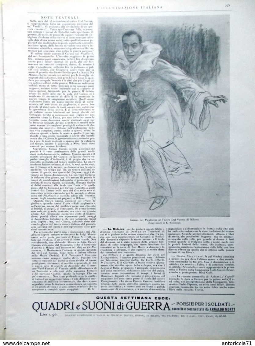L'illustrazione Italiana 3 Ottobre 1915 WW1 Caruso Pagliacci Fiorentini Barzilai - Guerra 1914-18