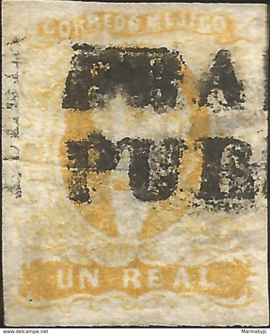 J) 1856 MEXICO, HIDALGO, UN REAL YELLOW, PUEBLA DISTRICT, BLACK CANCELLATION, MN - Mexico