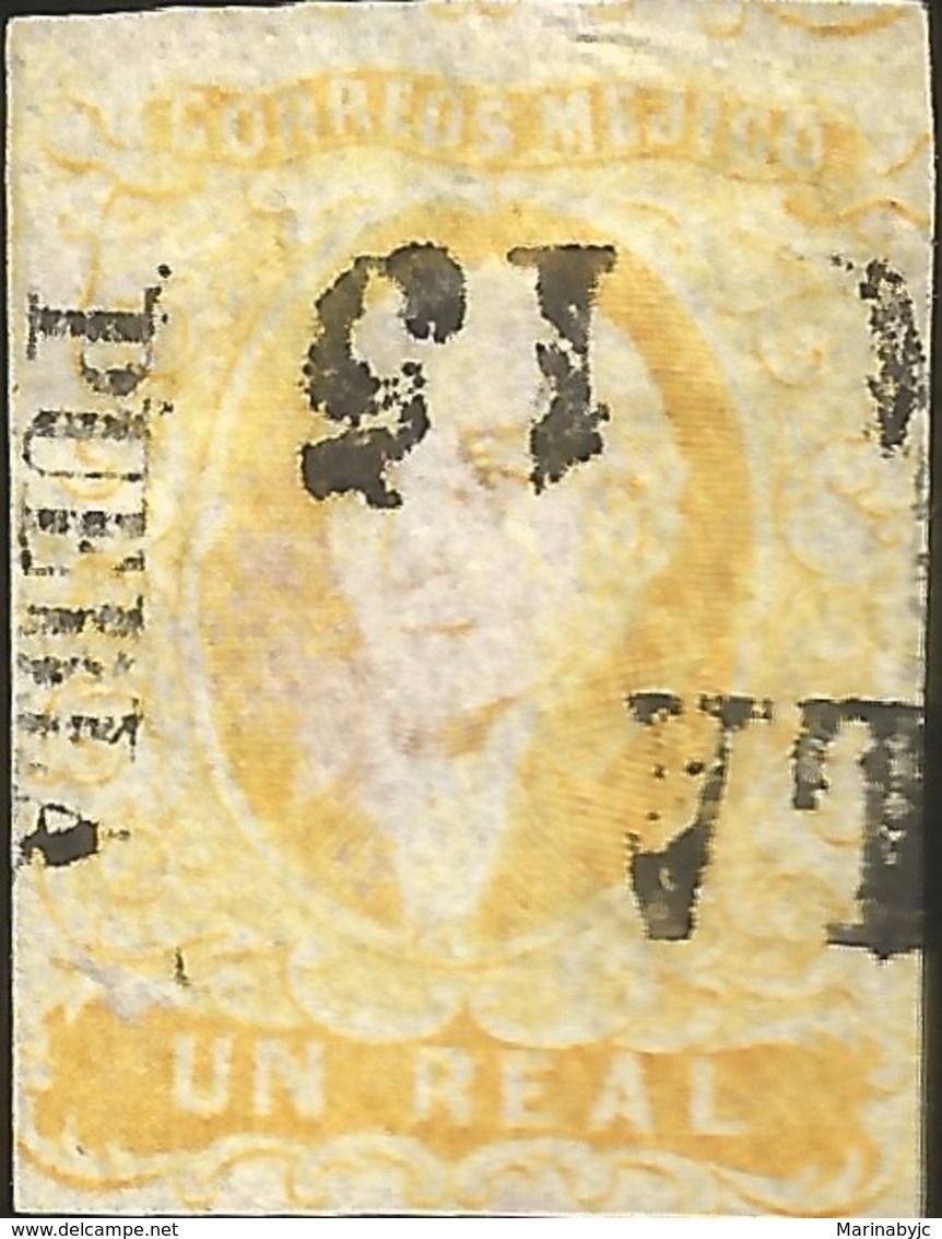 J) 1856 MEXICO, HIDALGO, UN REAL YELLOW PLATE III, PUEBLA CANCELLATION, MN - Mexico