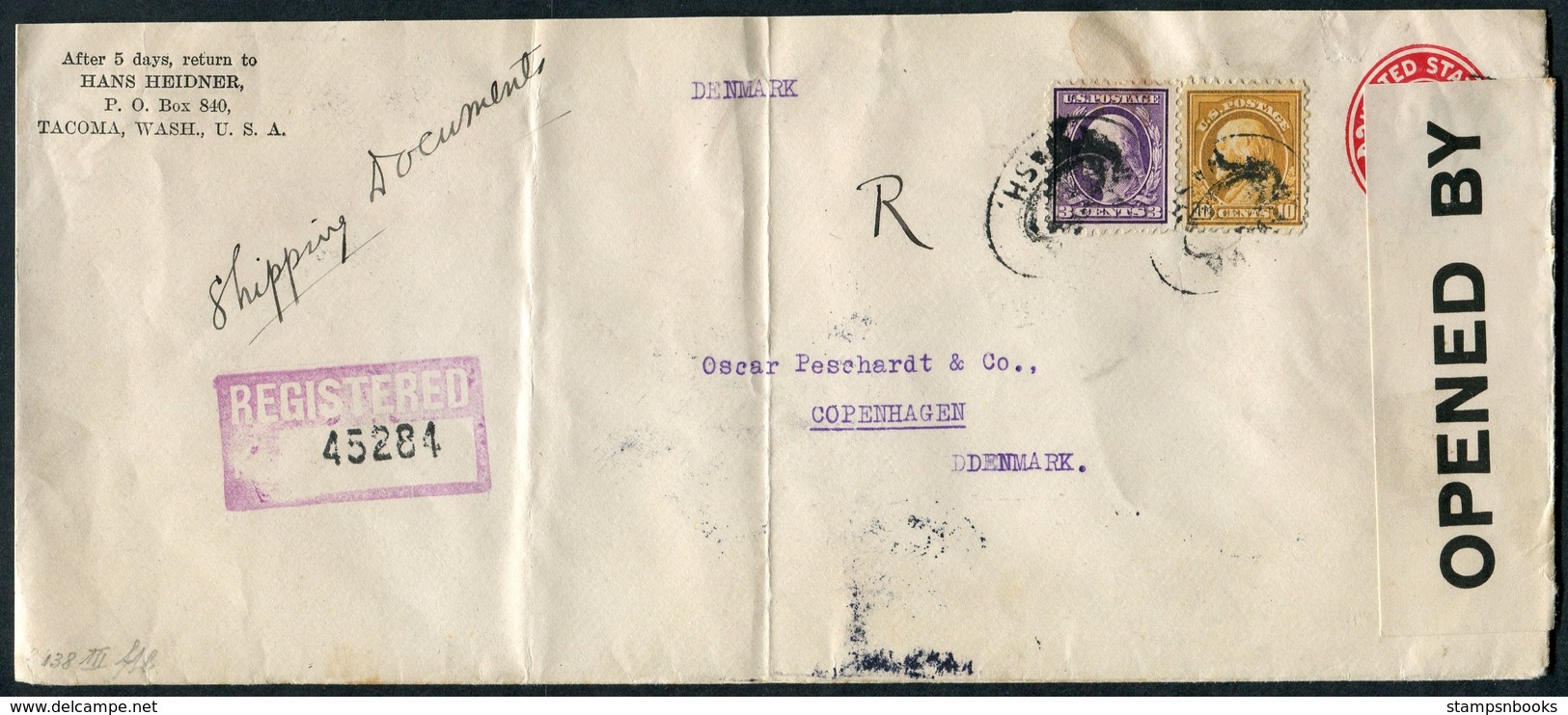 1916 Registered Censor Covers X 2 Tacoma Washington - Copenhagen Denmark (1 Via Goteborg Sweden, 1 Via Bergen Norway) - Covers & Documents